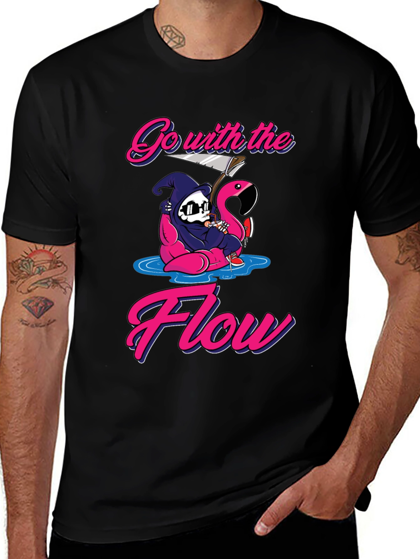 Go With The Flow Grim Reaper Flamingo T-Shirt