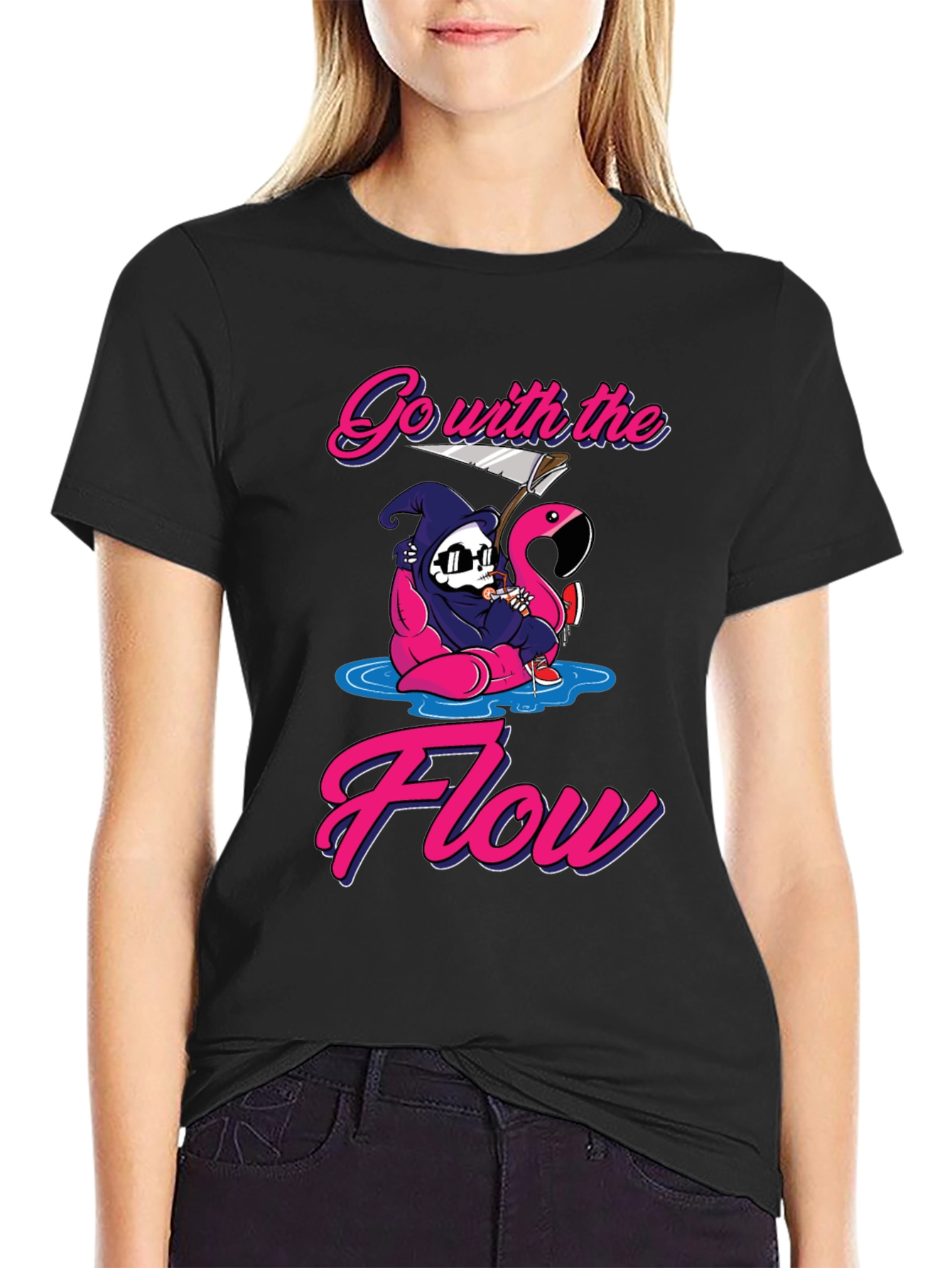 Go With The Flow Grim Reaper Flamingo T-Shirt