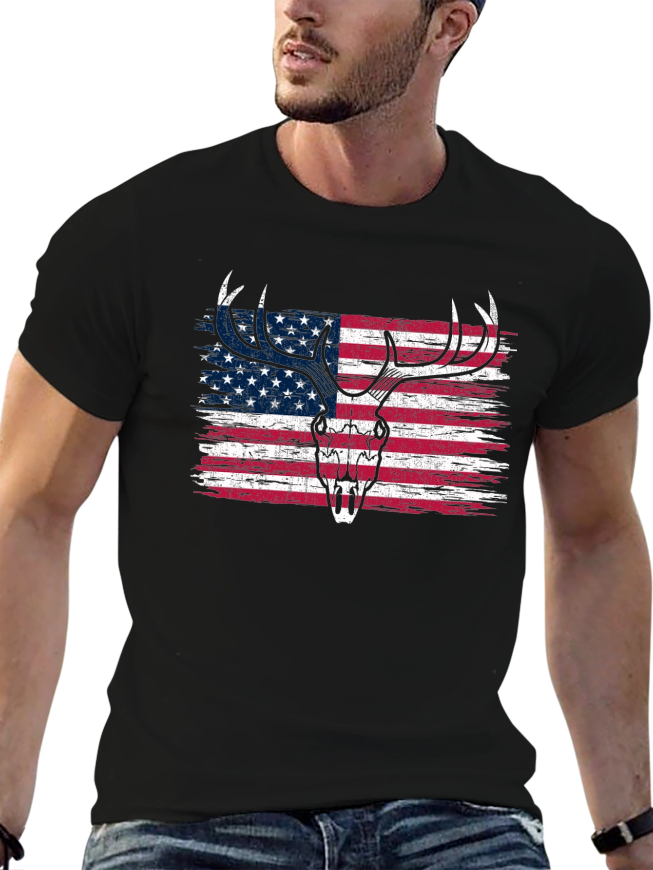 American Flag Deer Skull Graphic Tee