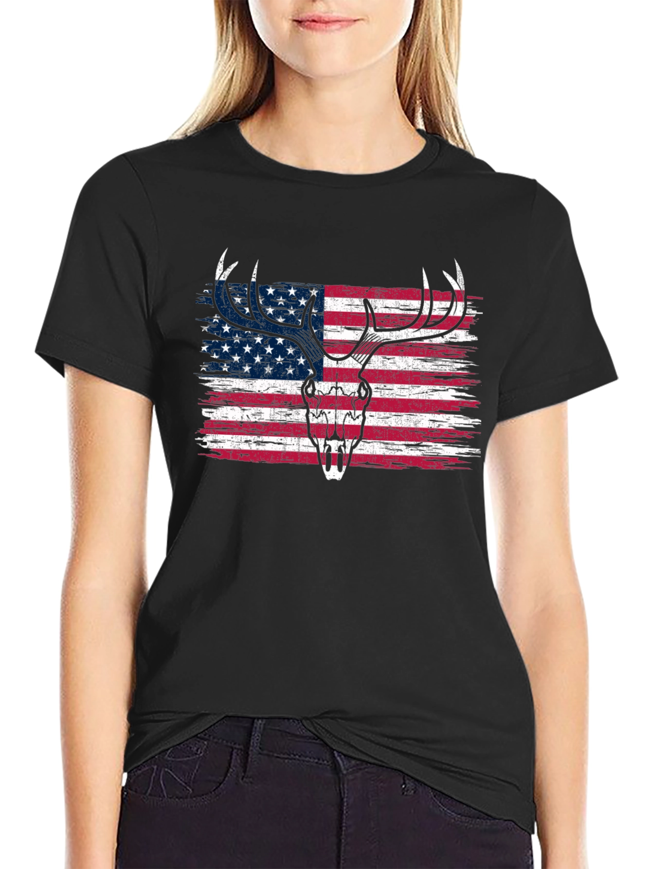 American Flag Deer Skull Graphic Tee