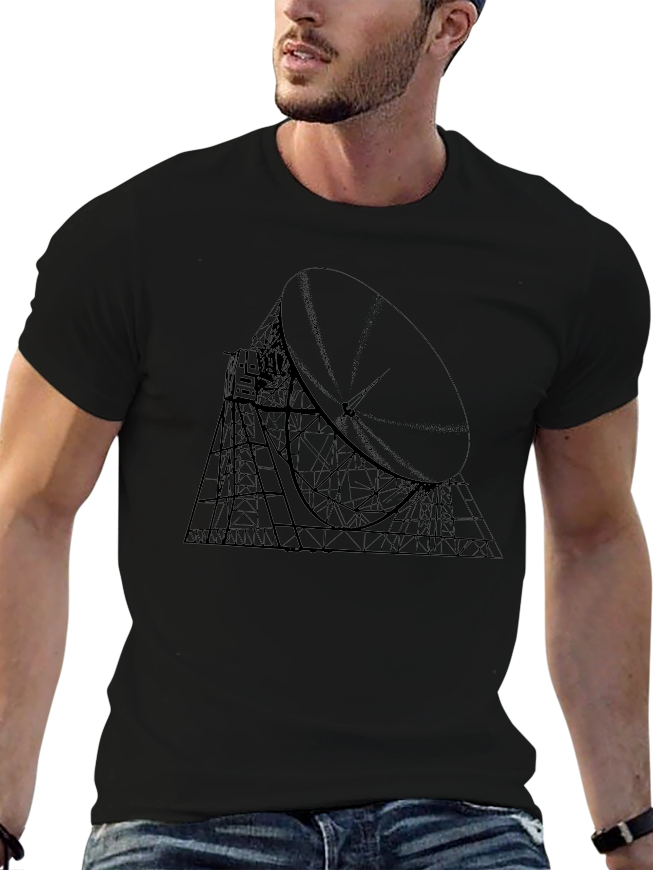 Black T-Shirt with Radio Telescope Graphic