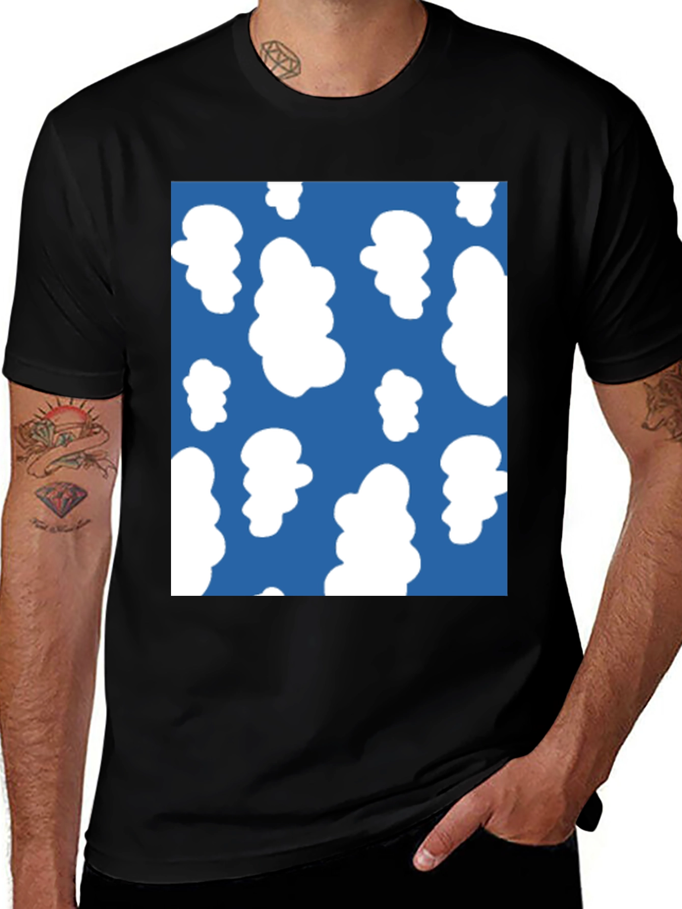 Fun Cloud Pattern Tee - Casual Black T-Shirt