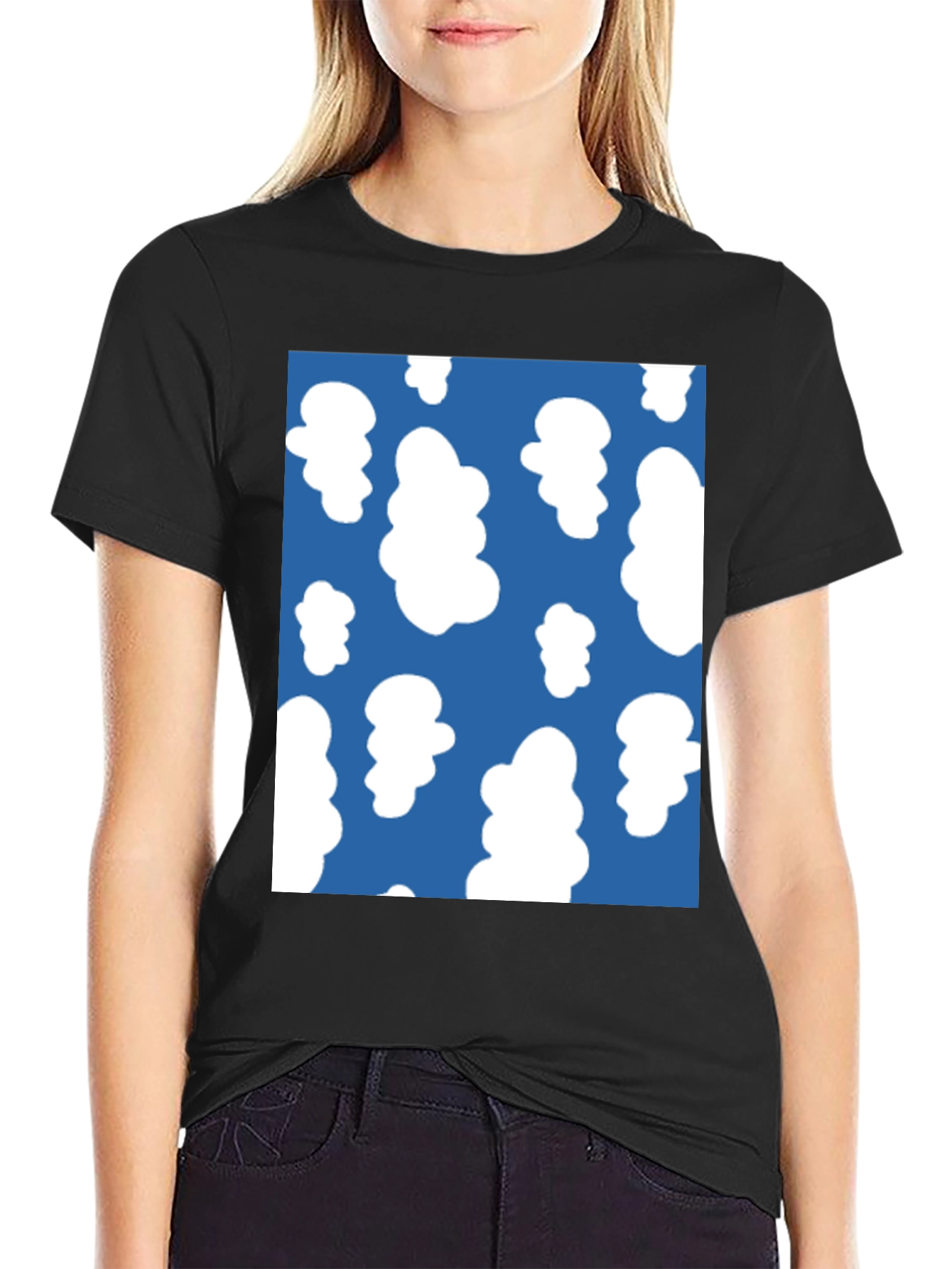 Fun Cloud Pattern Tee - Casual Black T-Shirt