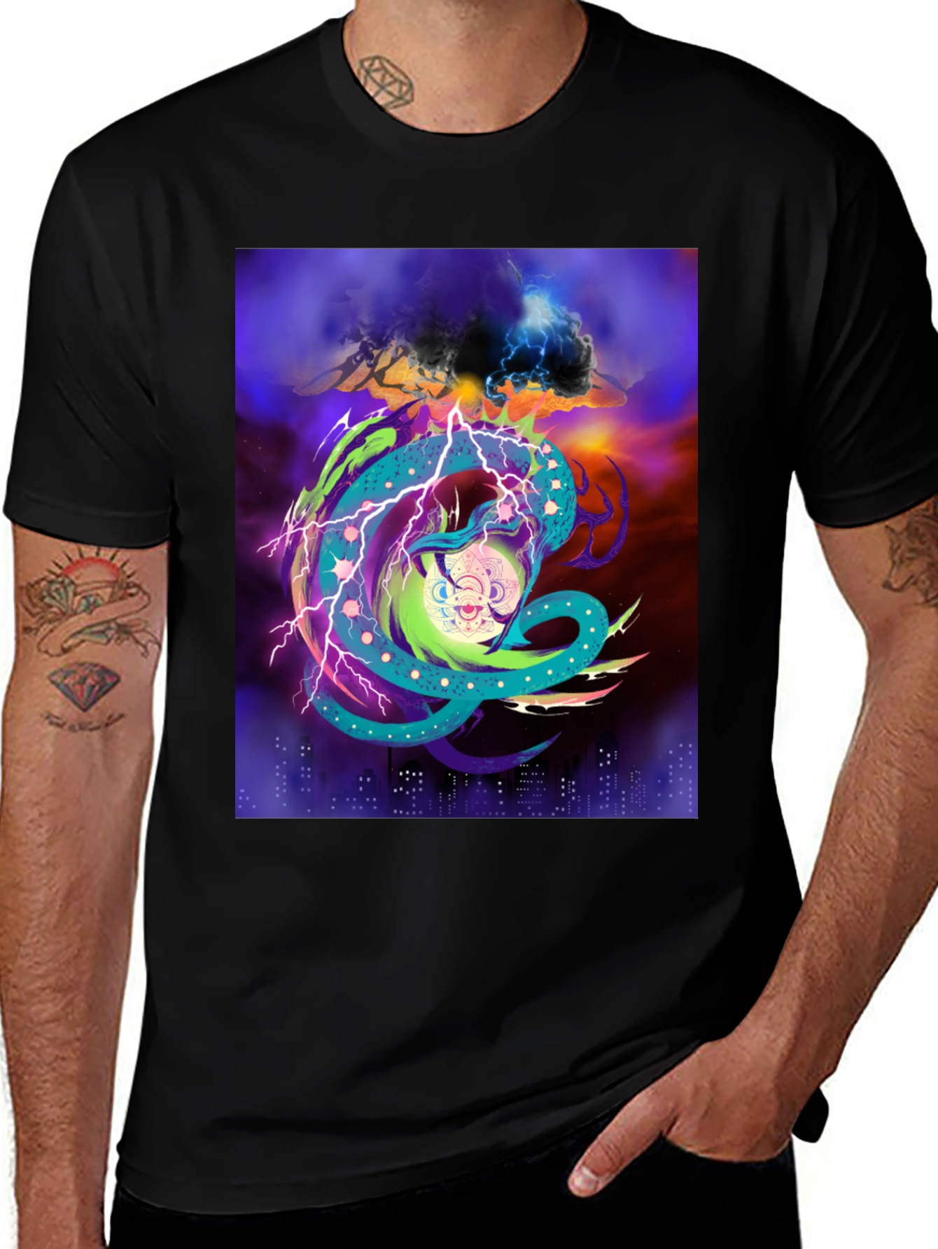 Vibrant Graphic Tee: Electric Dragon Design