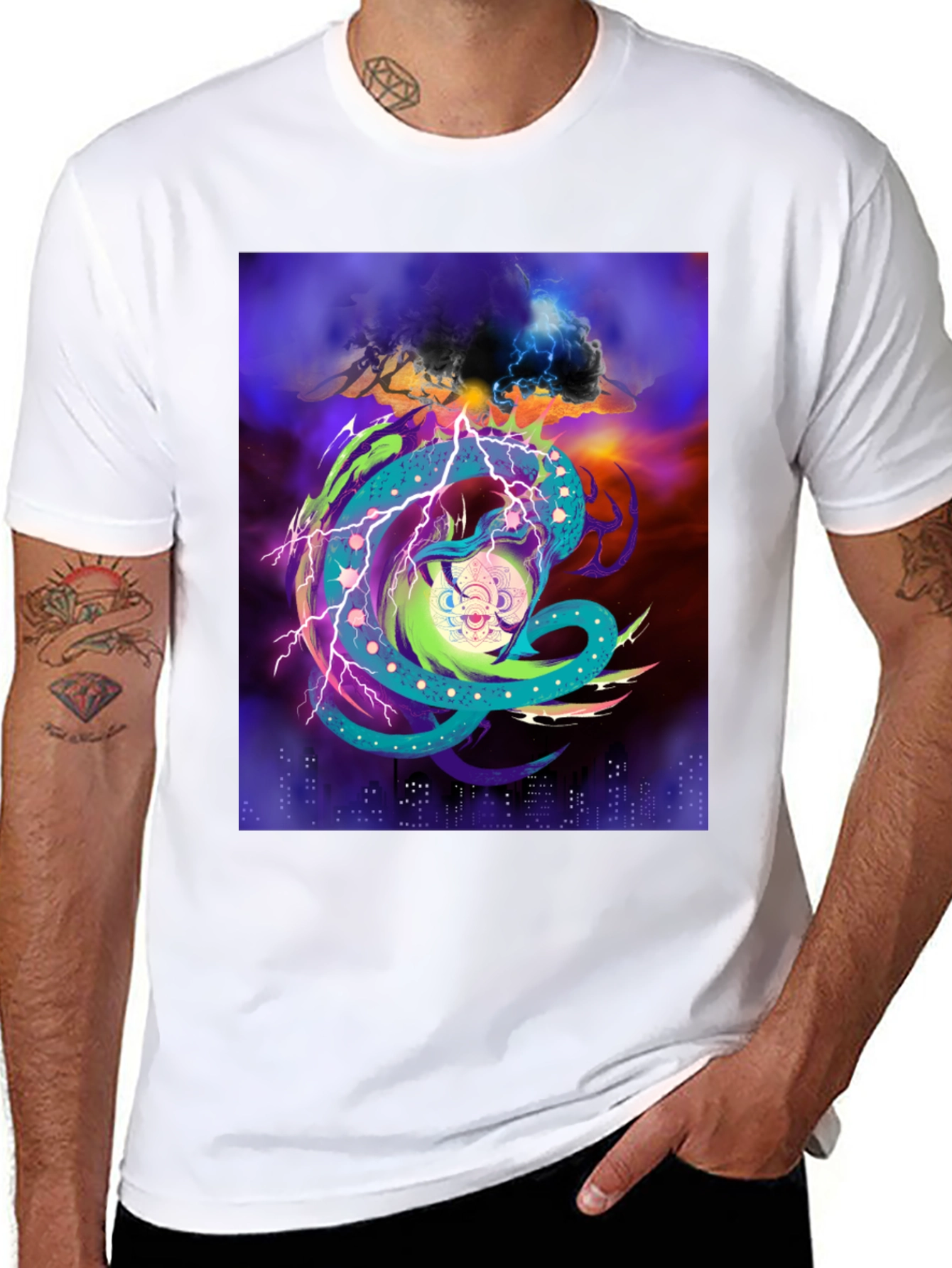 Vibrant Graphic Tee: Electric Dragon Design