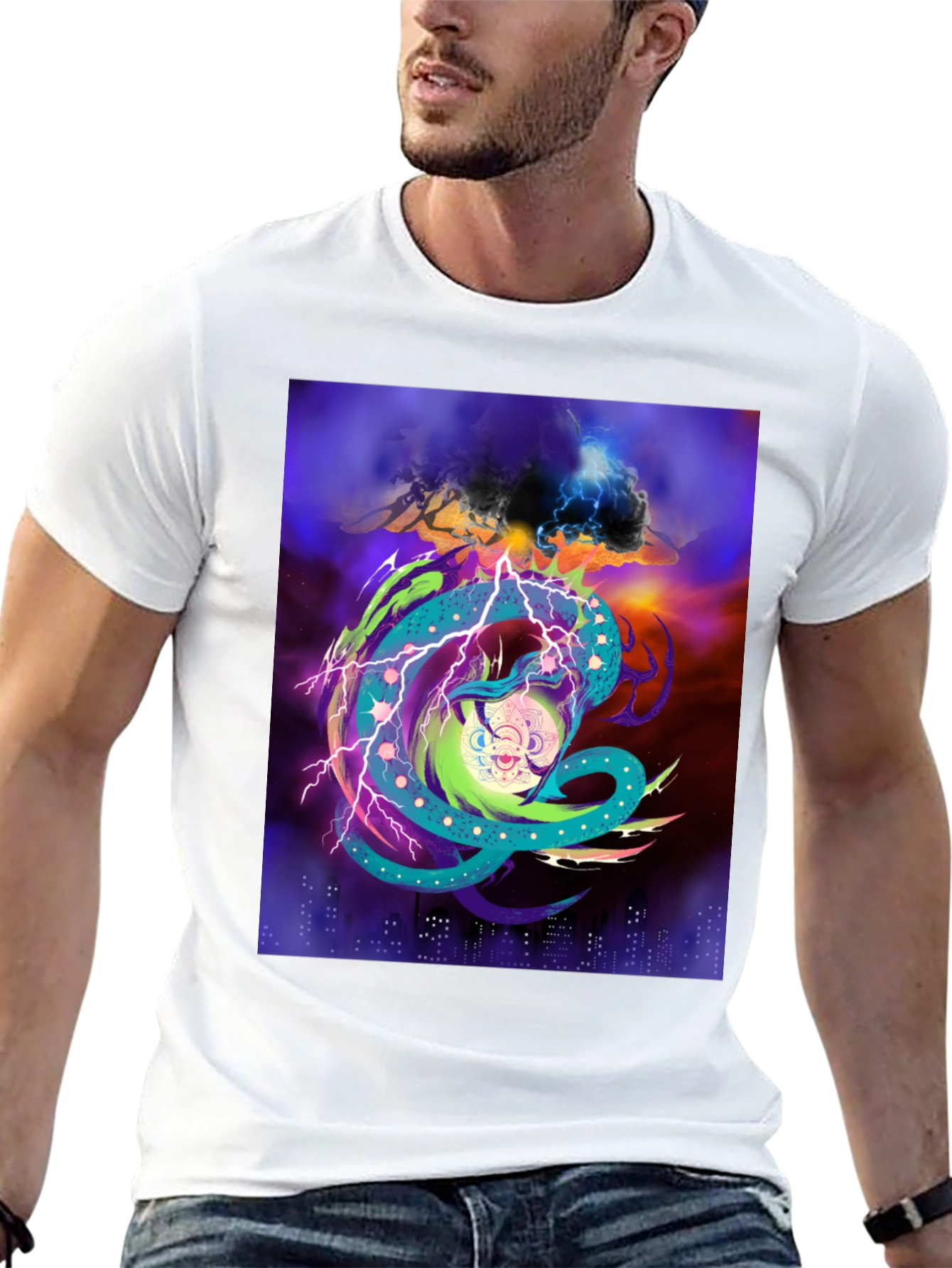 Vibrant Graphic Tee: Electric Dragon Design