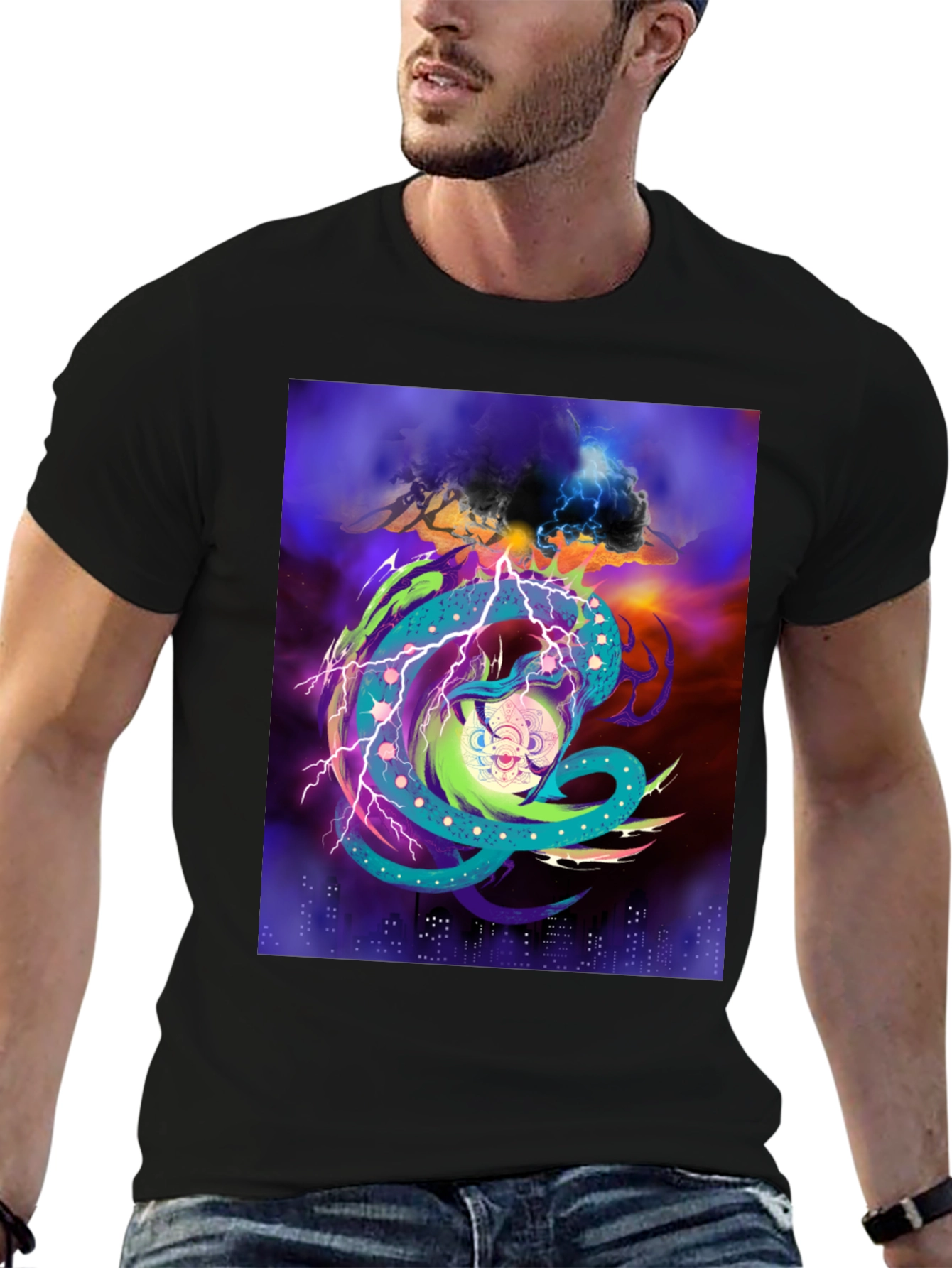 Vibrant Graphic Tee: Electric Dragon Design