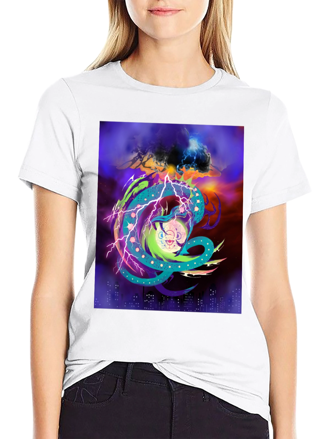 Vibrant Graphic Tee: Electric Dragon Design