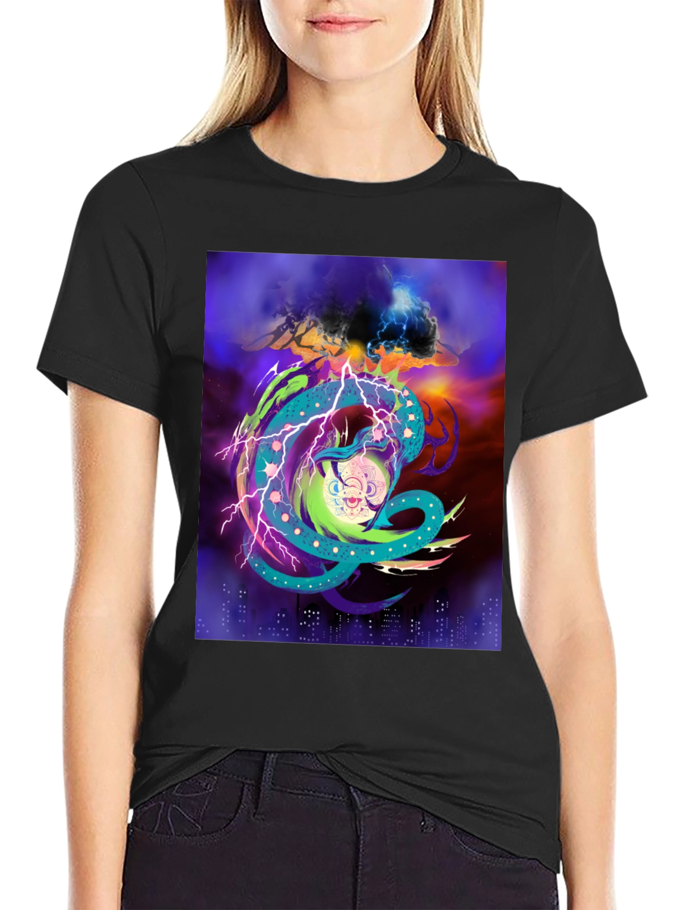 Vibrant Graphic Tee: Electric Dragon Design