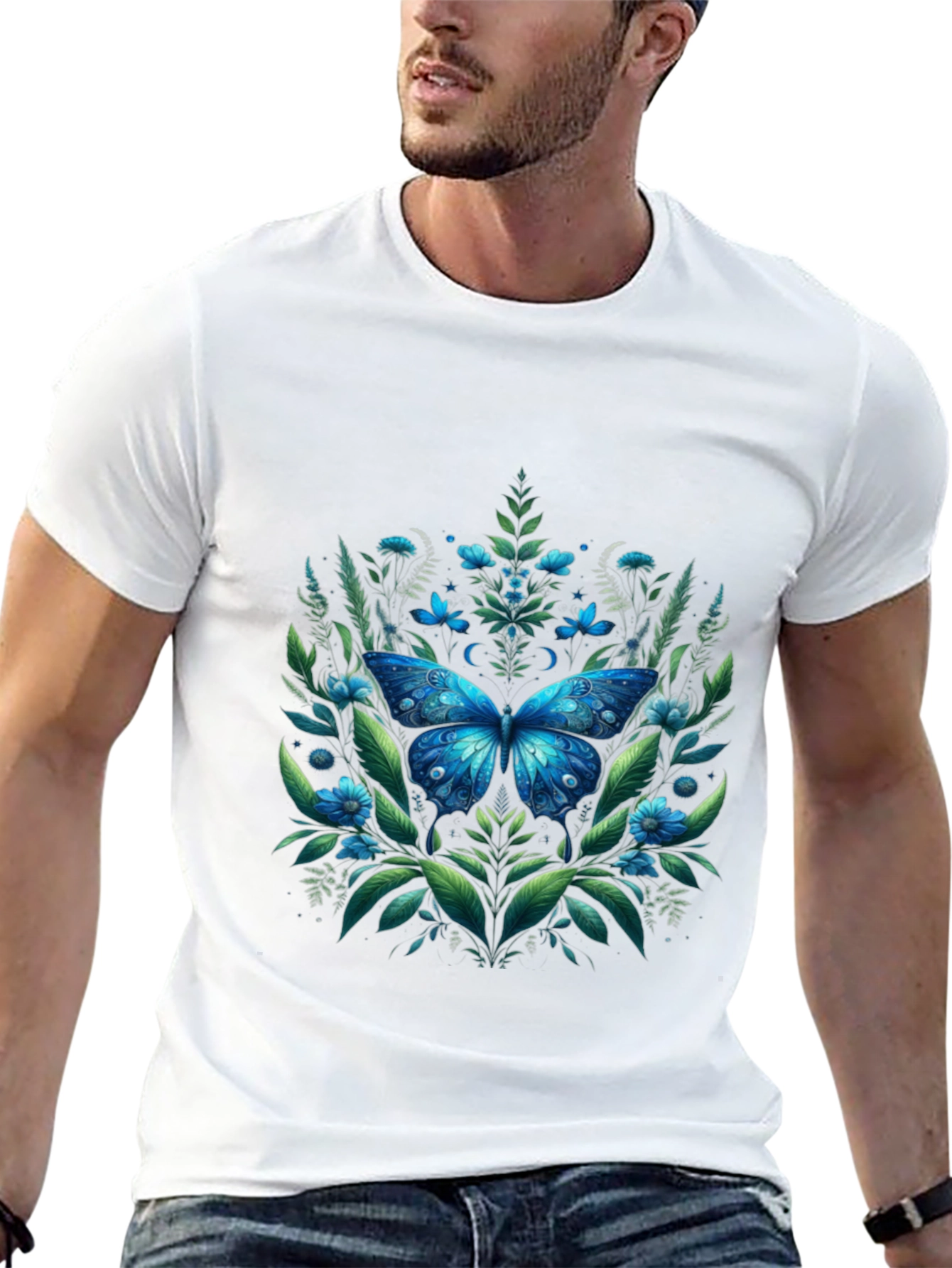 Blue Butterfly Floral T-Shirt - Nature Inspired Design