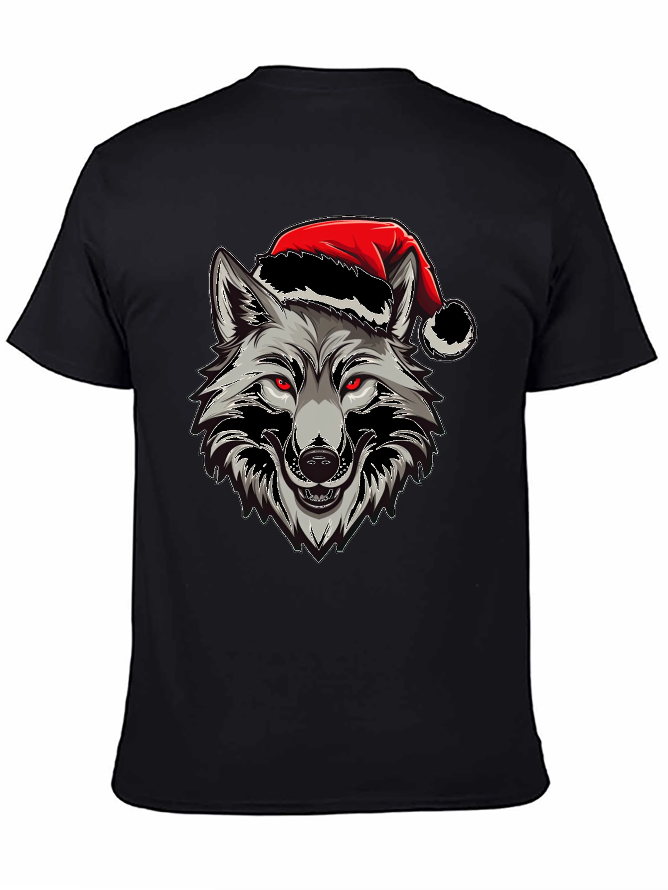 Wolf Christmas T-Shirt - Red Eyes & Santa Hat