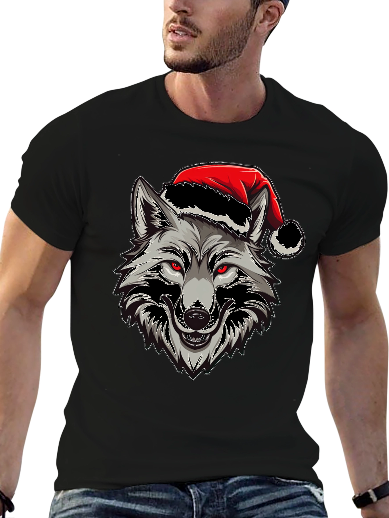 Wolf Christmas T-Shirt - Red Eyes & Santa Hat