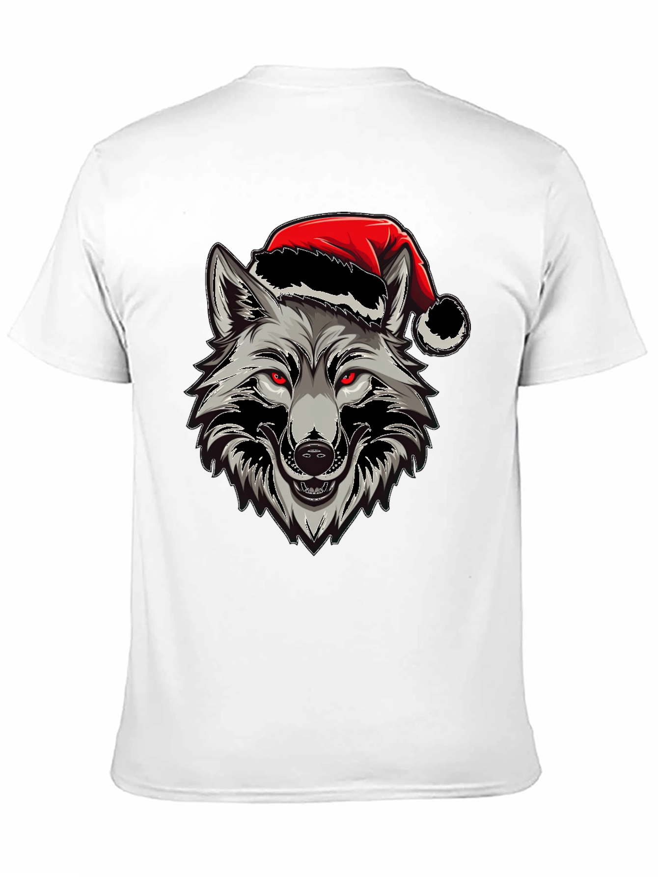 Wolf Christmas T-Shirt - Red Eyes & Santa Hat