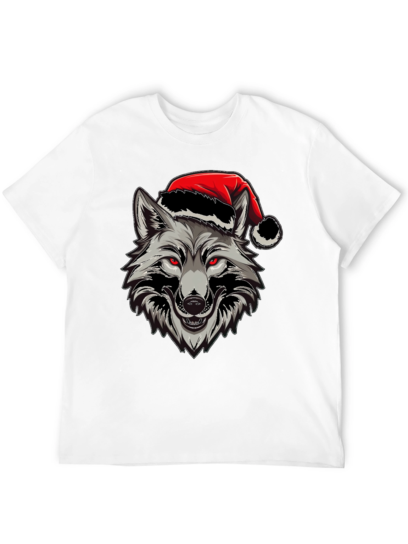 Wolf Christmas T-Shirt - Red Eyes & Santa Hat