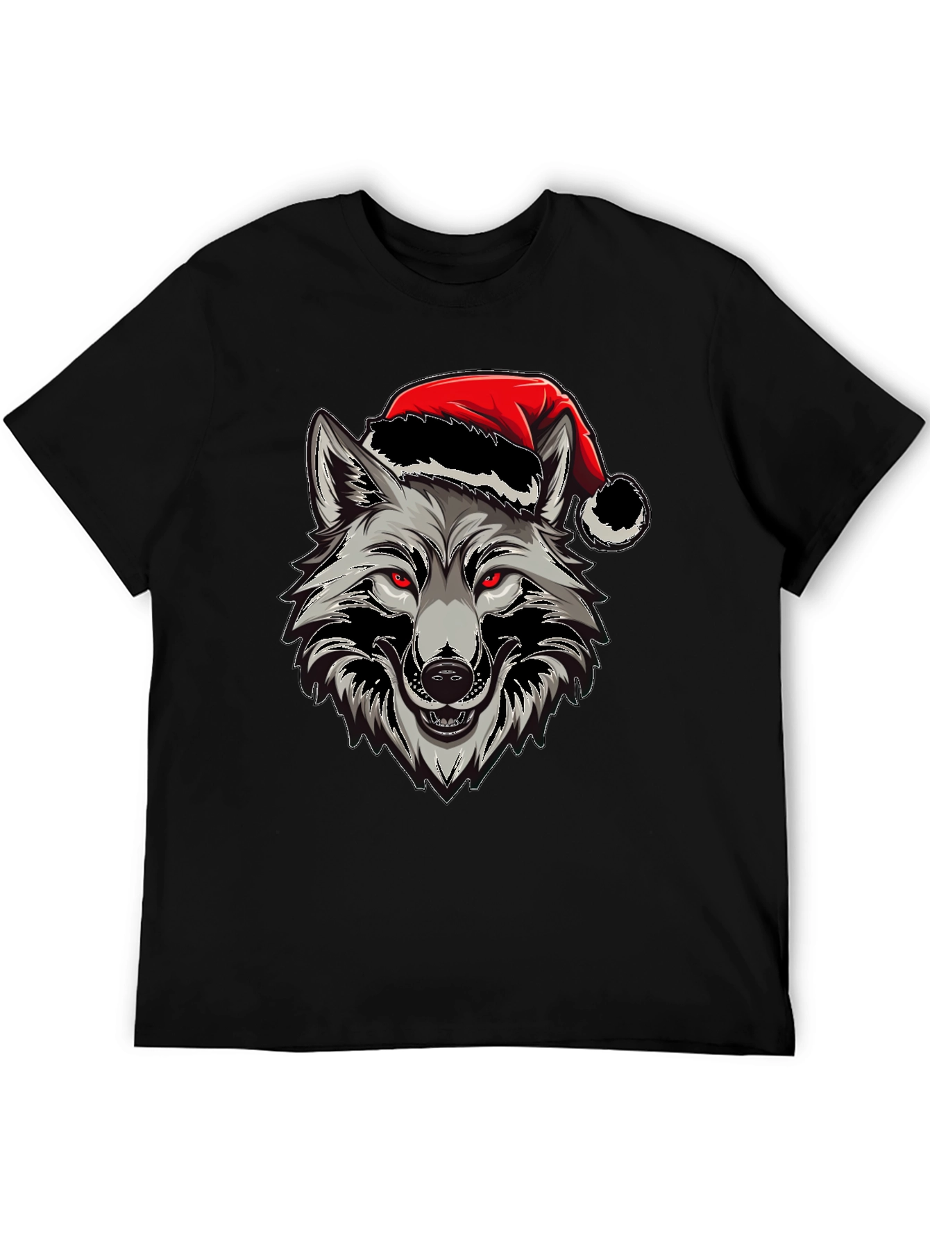 Wolf Christmas T-Shirt - Red Eyes & Santa Hat