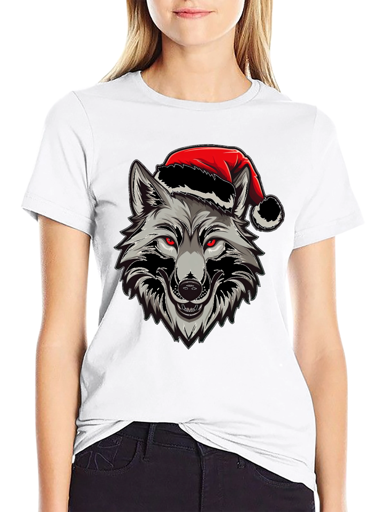 Wolf Christmas T-Shirt - Red Eyes & Santa Hat