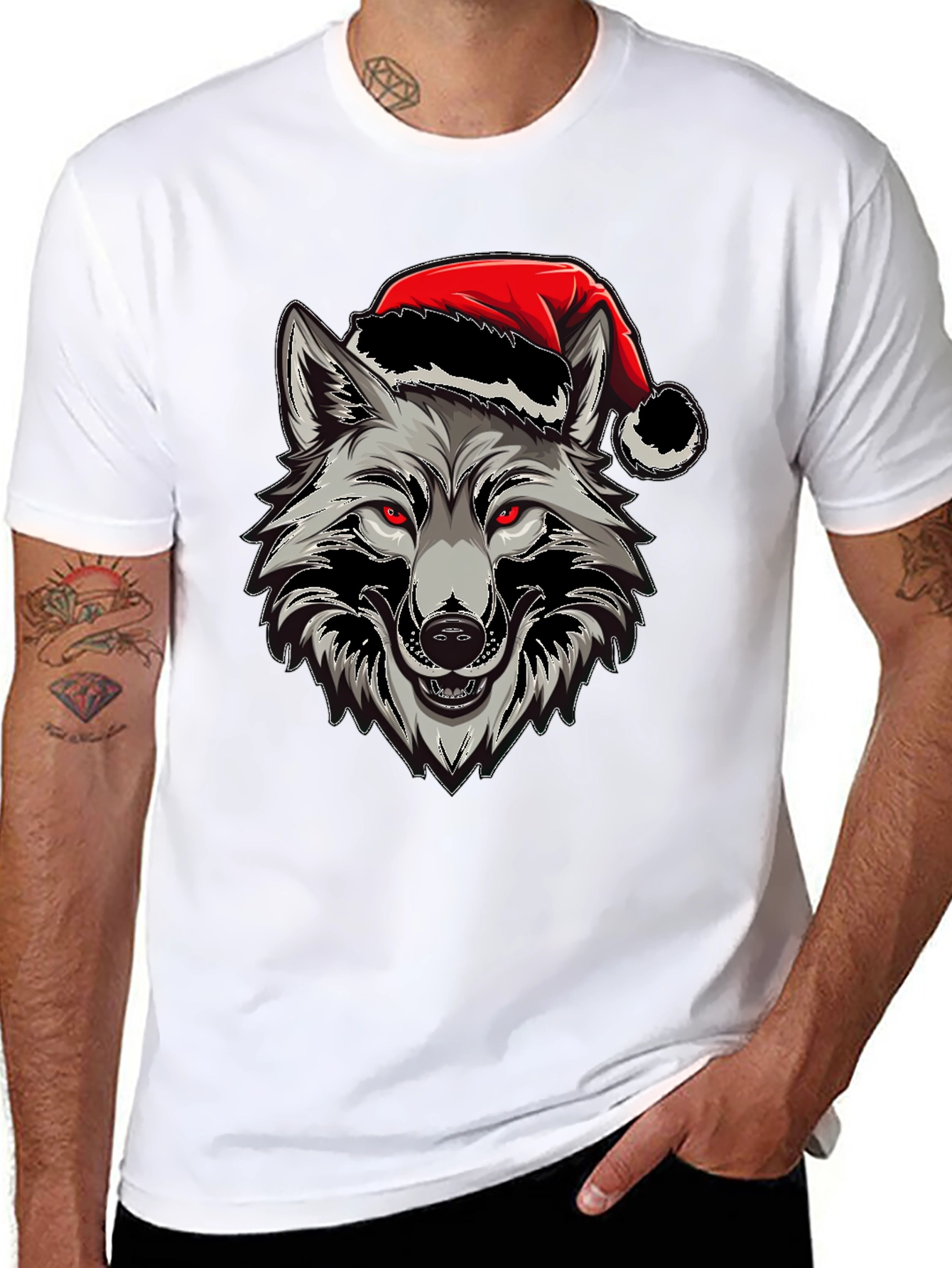 Wolf Christmas T-Shirt - Red Eyes & Santa Hat