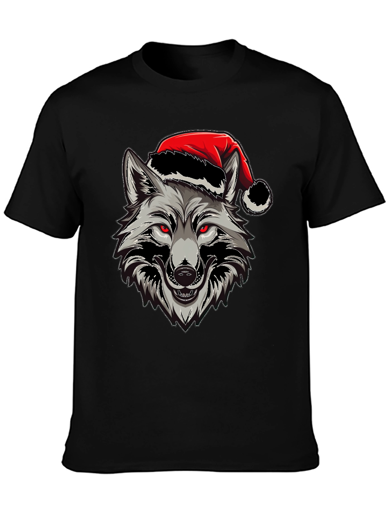 Wolf Christmas T-Shirt - Red Eyes & Santa Hat
