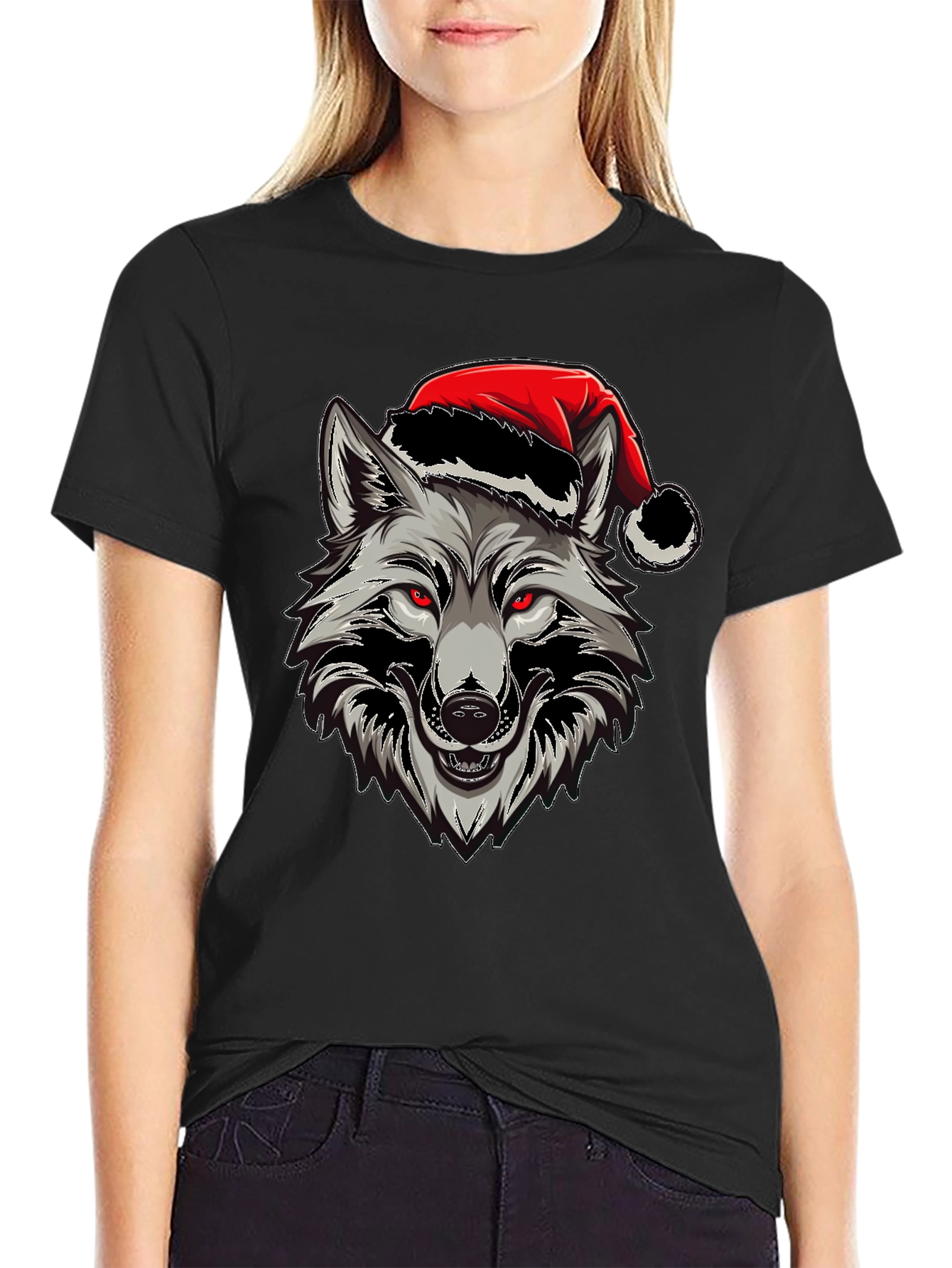 Wolf Christmas T-Shirt - Red Eyes & Santa Hat