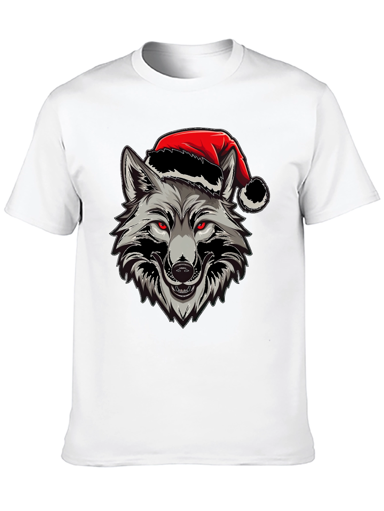 Wolf Christmas T-Shirt - Red Eyes & Santa Hat