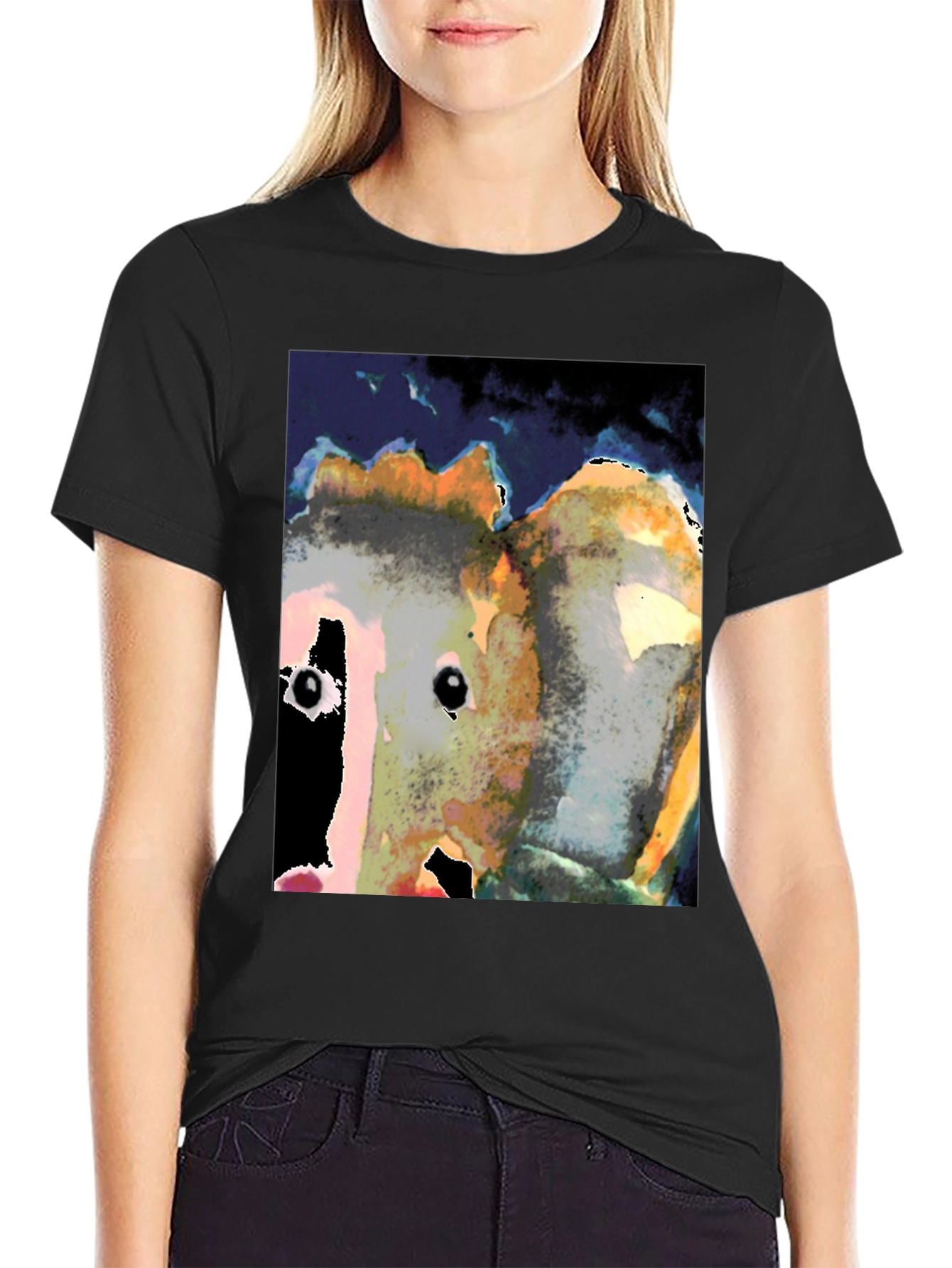 Abstract Face Print Black T-Shirt