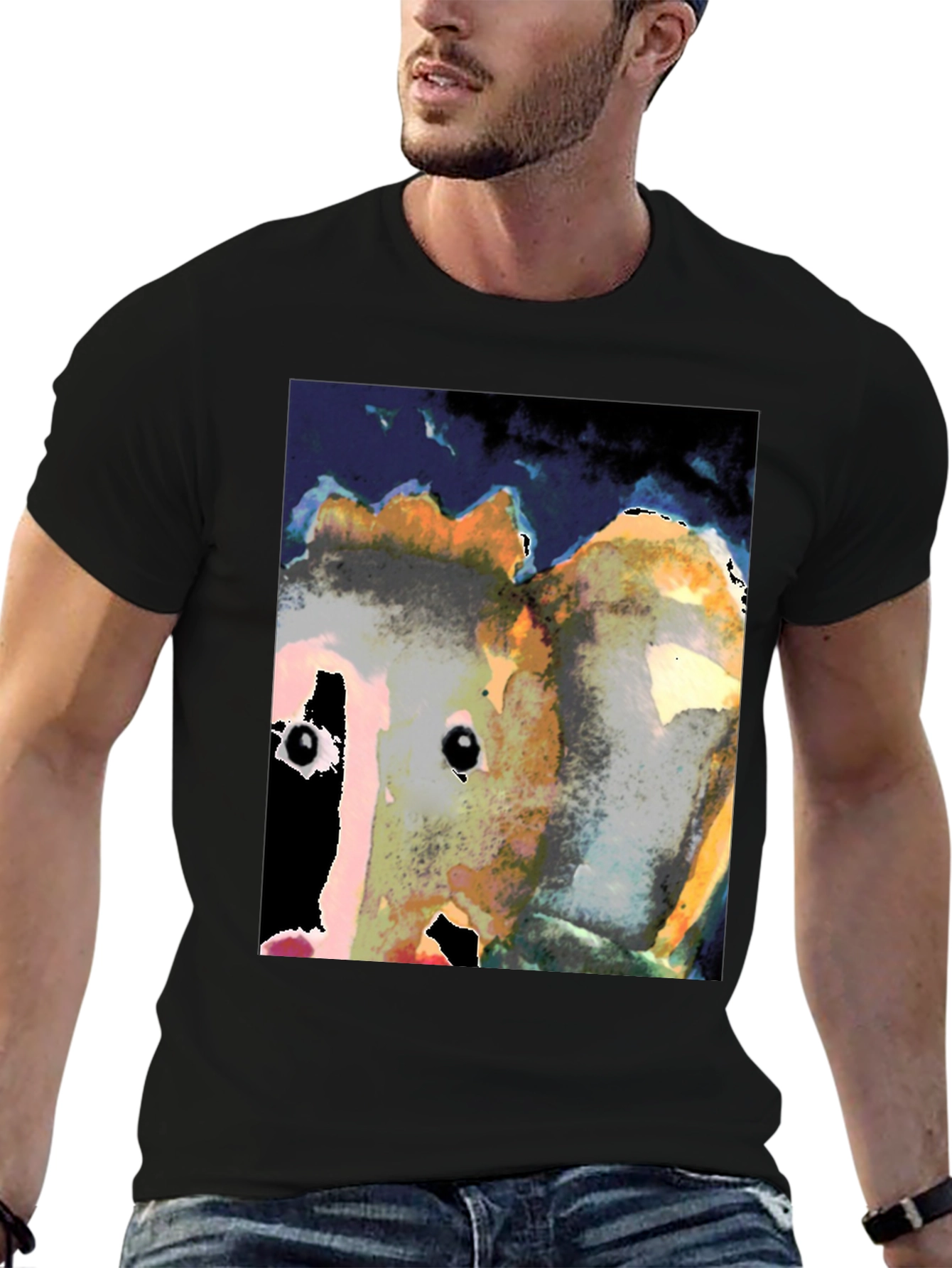 Abstract Face Print Black T-Shirt