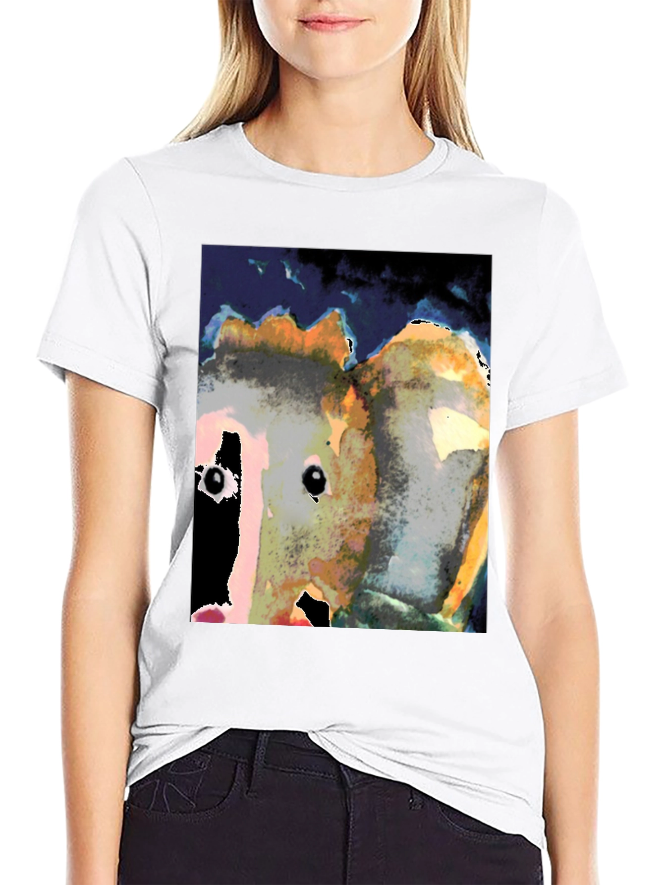 Abstract Face Print Black T-Shirt