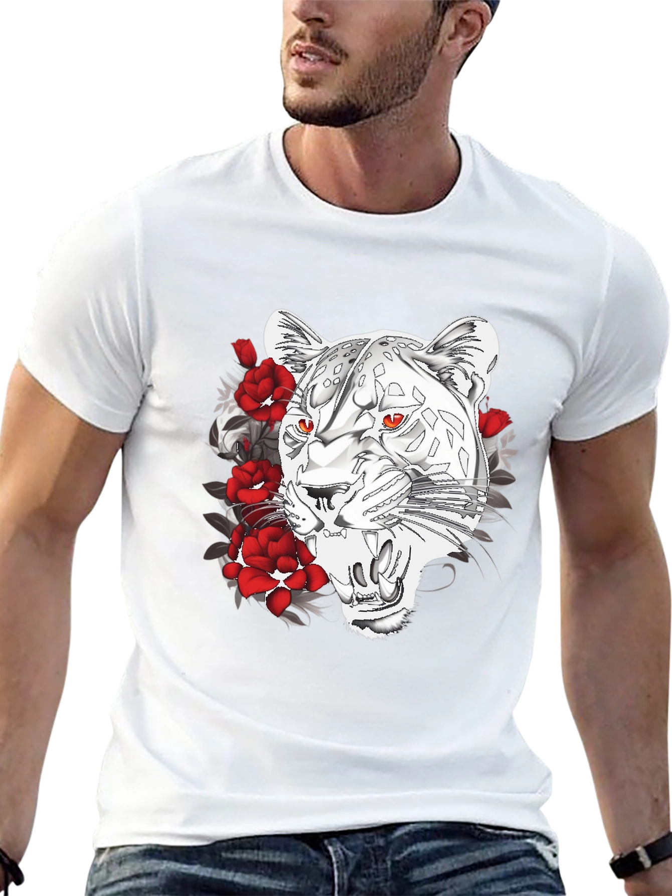 Black T-Shirt with Graphic Leopard and Roses Print