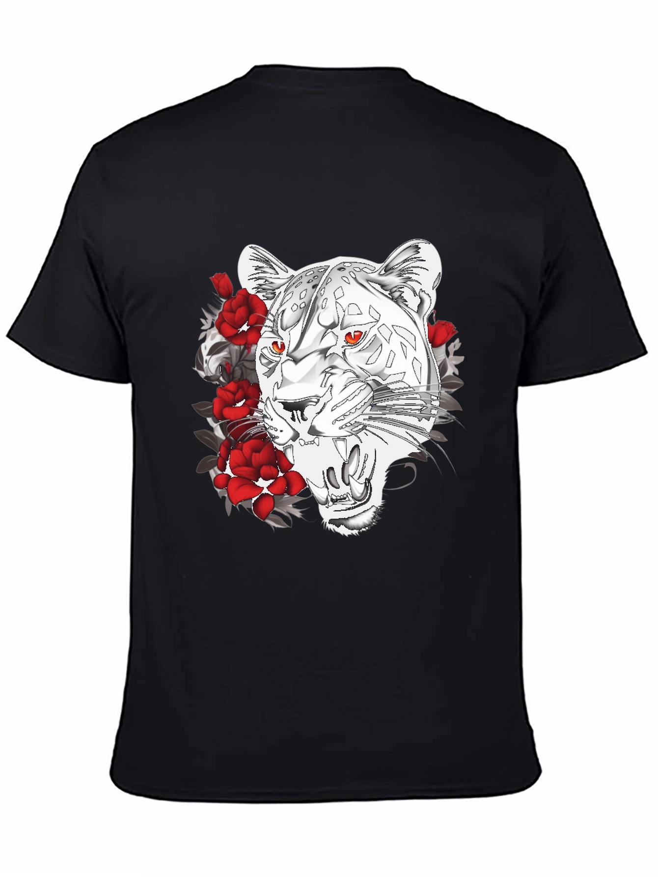 Black T-Shirt with Graphic Leopard and Roses Print
