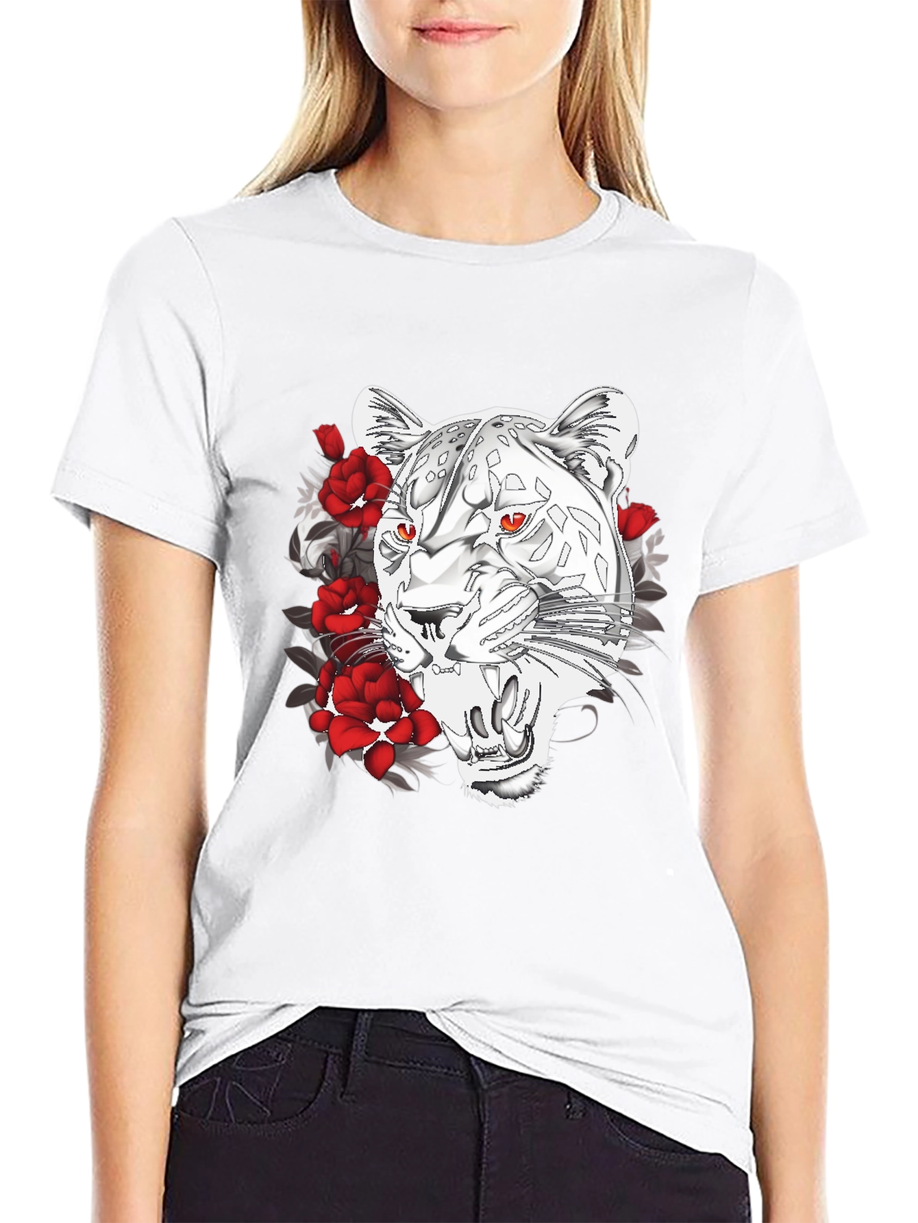 Black T-Shirt with Graphic Leopard and Roses Print