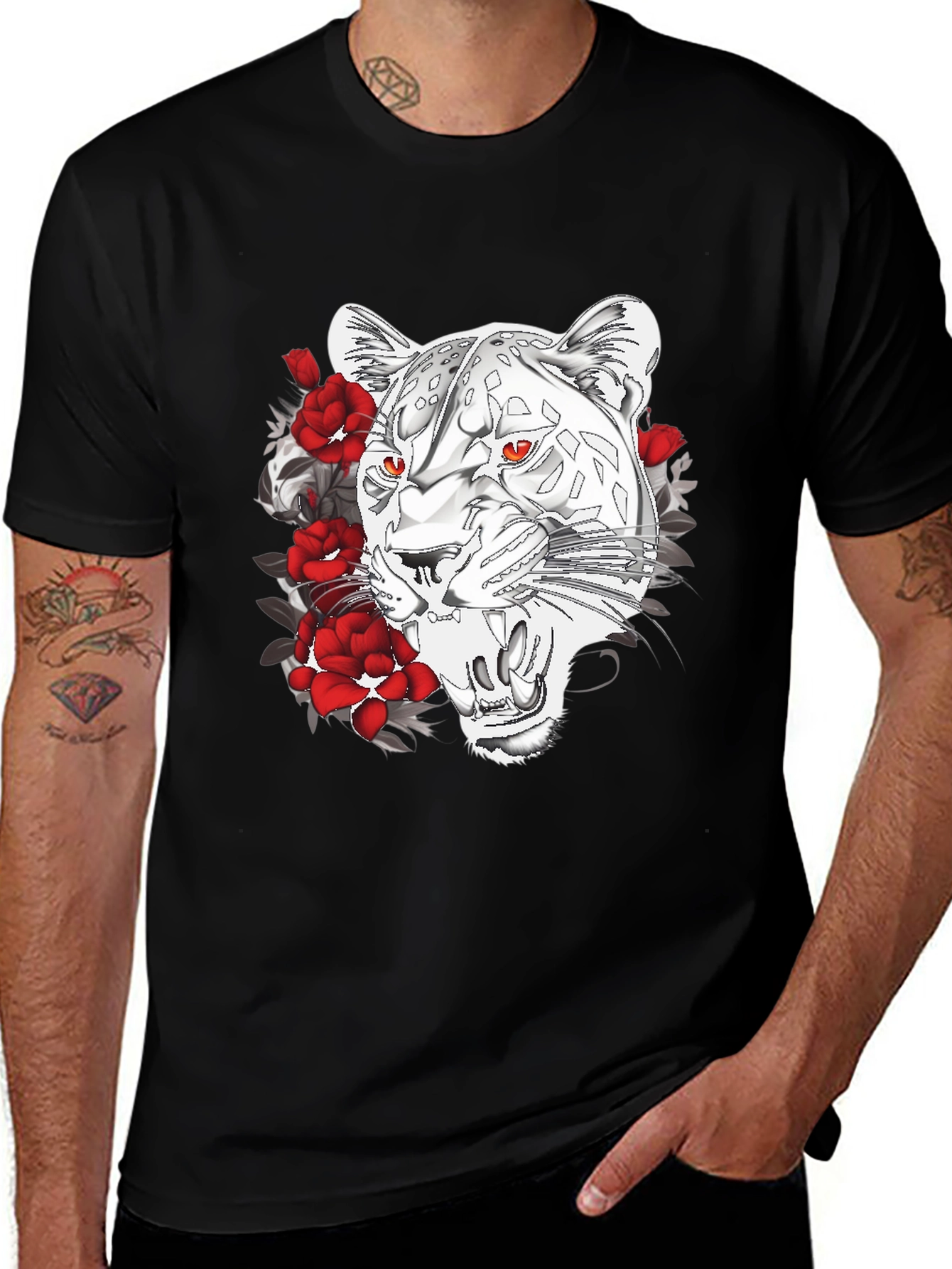 Black T-Shirt with Graphic Leopard and Roses Print