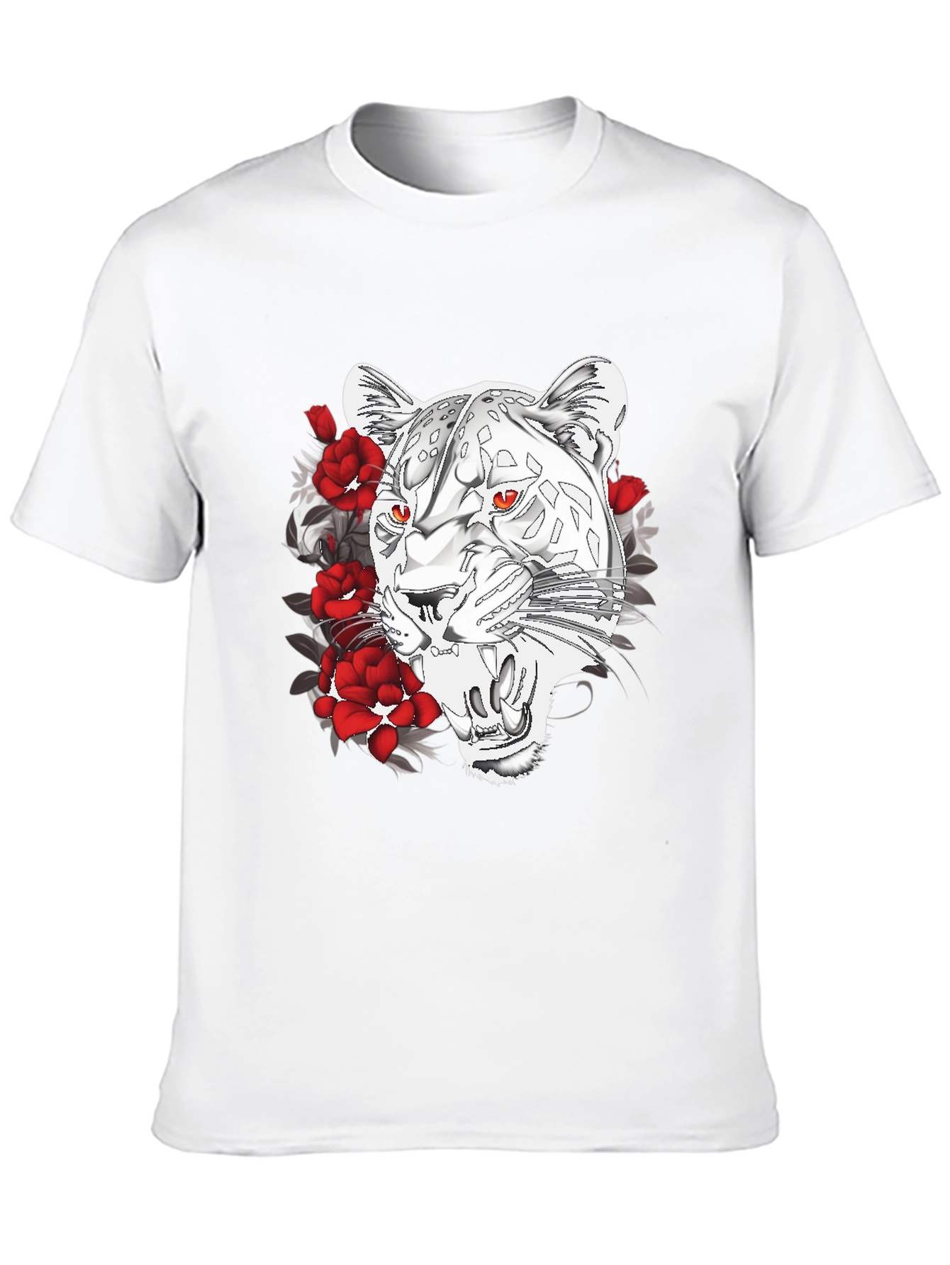 Black T-Shirt with Graphic Leopard and Roses Print