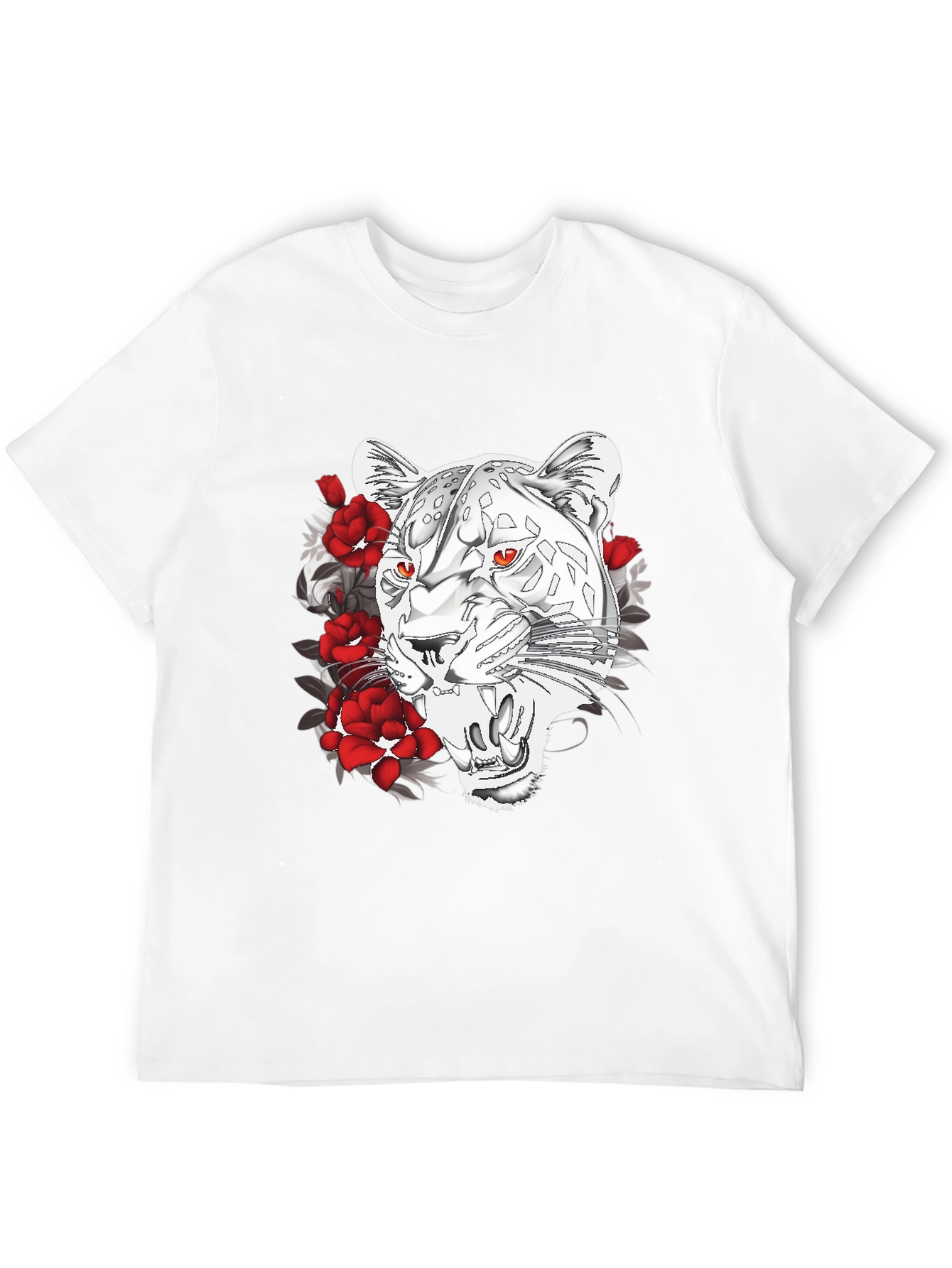 Black T-Shirt with Graphic Leopard and Roses Print