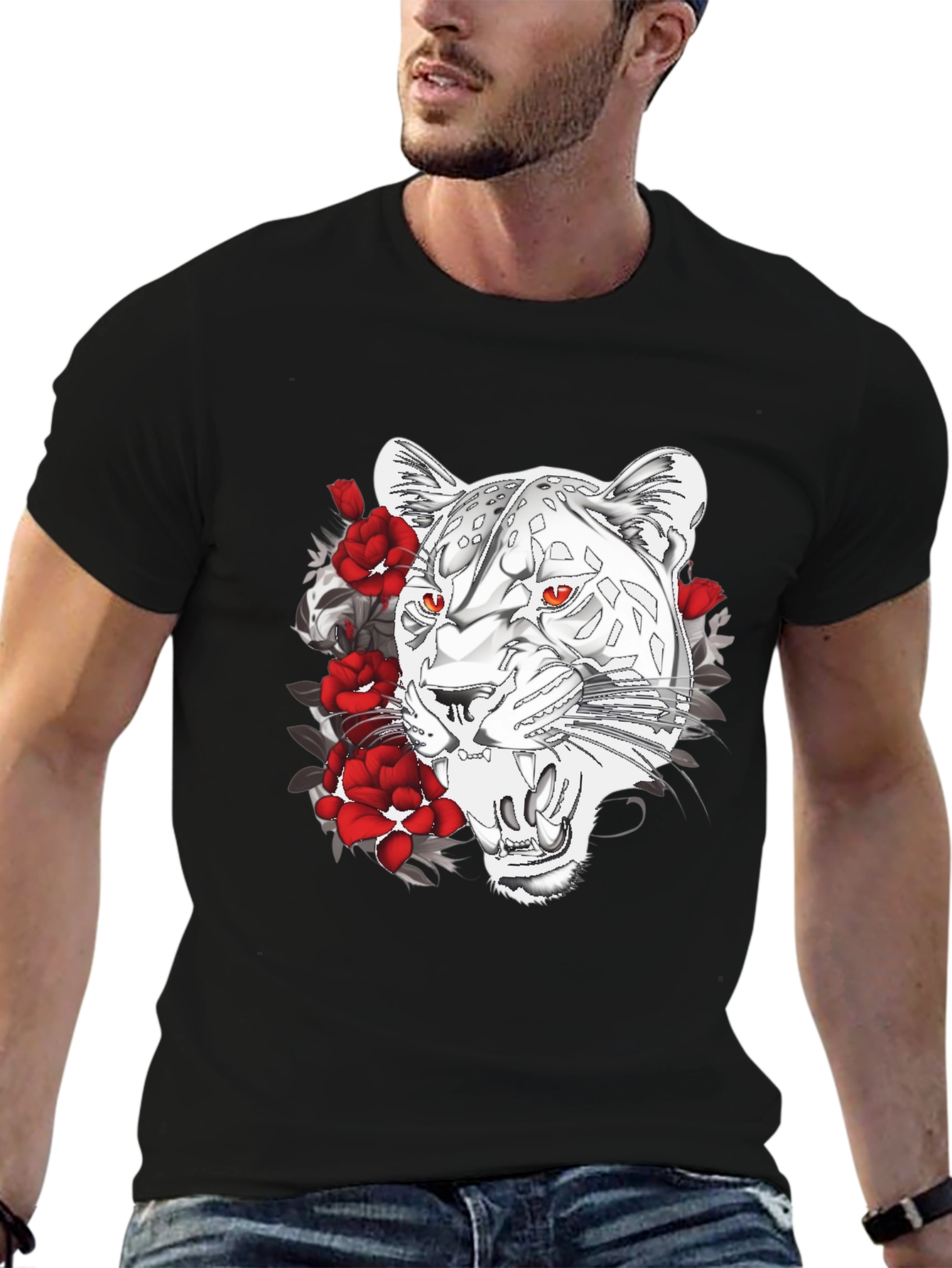 Black T-Shirt with Graphic Leopard and Roses Print