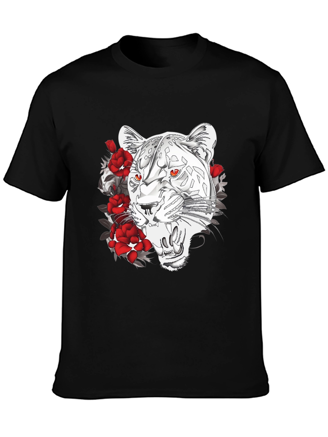 Black T-Shirt with Graphic Leopard and Roses Print