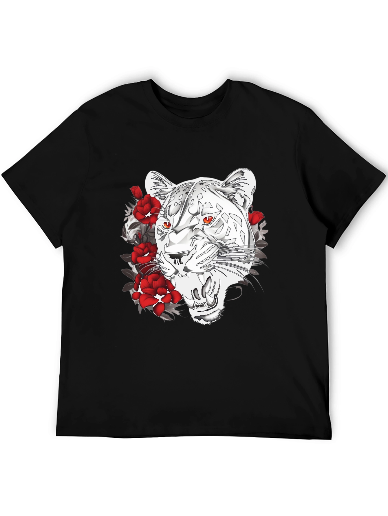 Black T-Shirt with Graphic Leopard and Roses Print