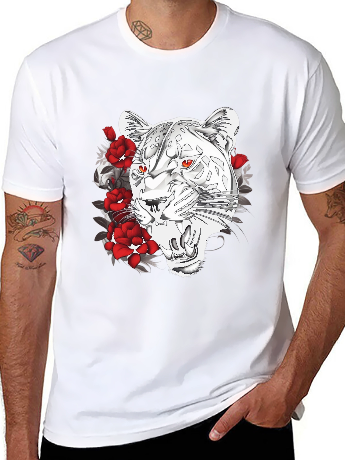 Black T-Shirt with Graphic Leopard and Roses Print