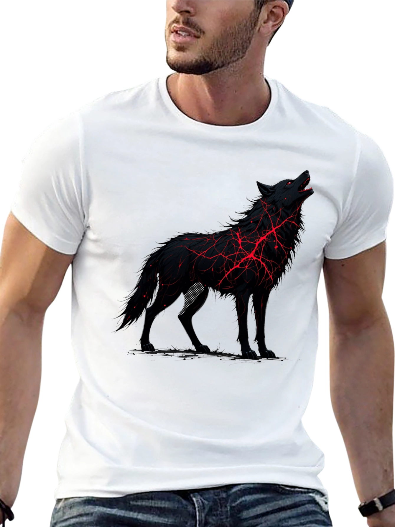 Black Wolf Graphic Tee - Unique Red Lightning Design