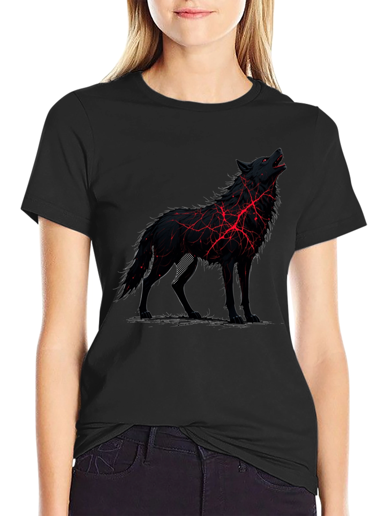 Black Wolf Graphic Tee - Unique Red Lightning Design