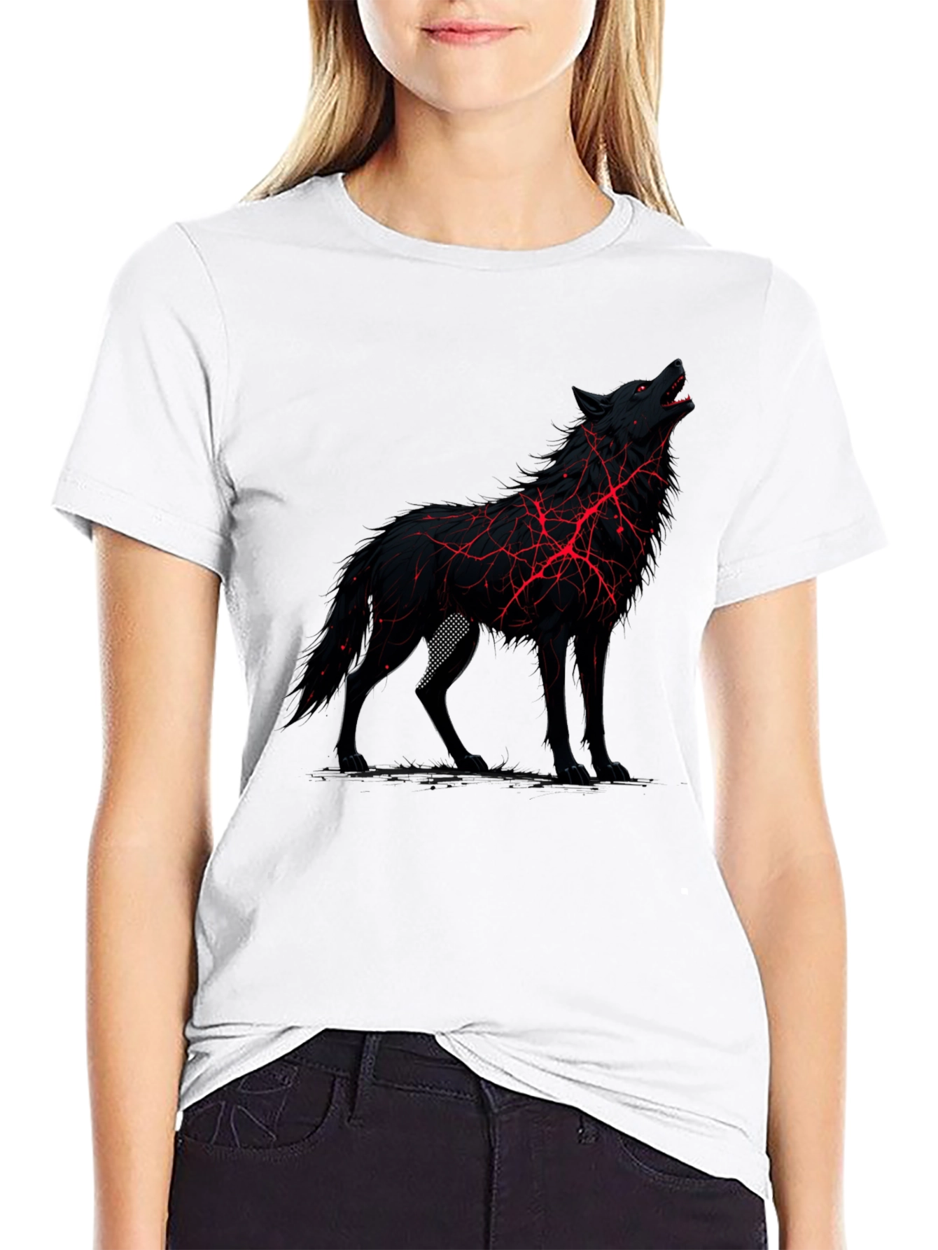 Black Wolf Graphic Tee - Unique Red Lightning Design