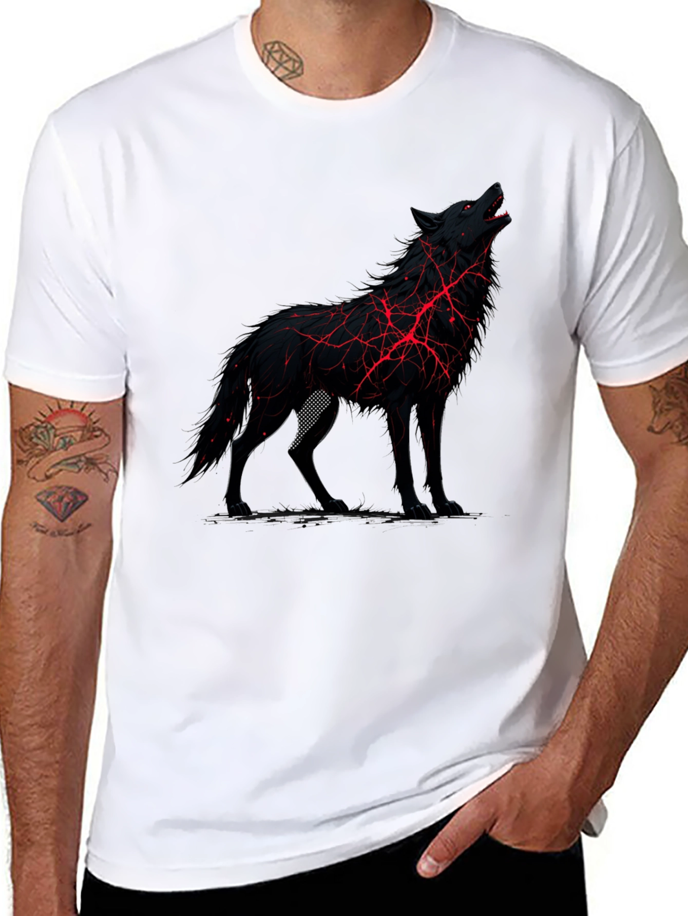 Black Wolf Graphic Tee - Unique Red Lightning Design