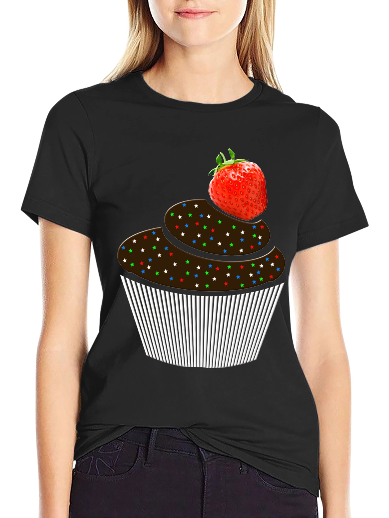 Strawberry Cupcake Graphic Tee - Black Cotton T-Shirt