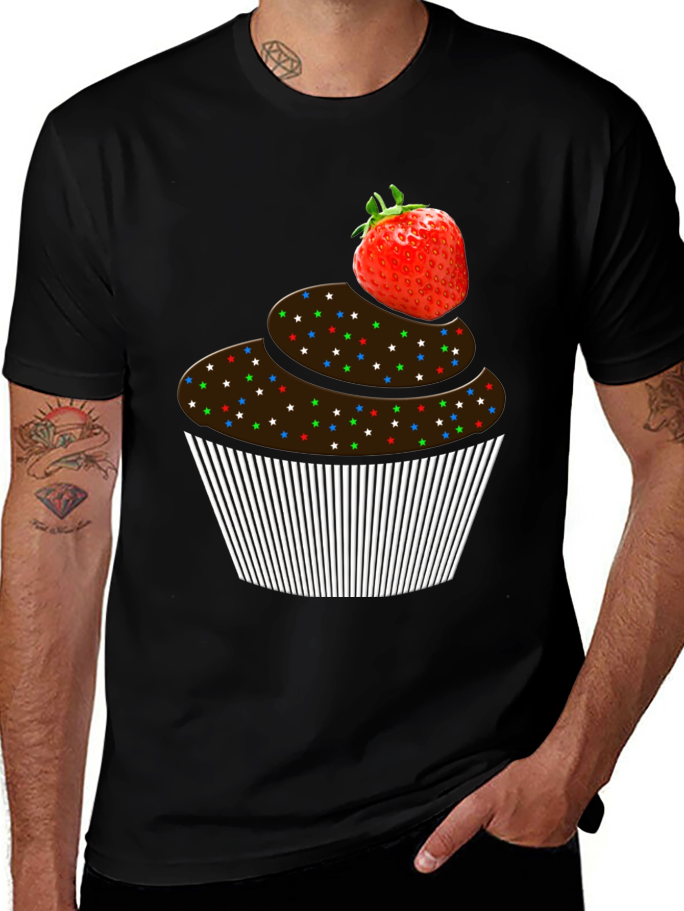 Strawberry Cupcake Graphic Tee - Black Cotton T-Shirt