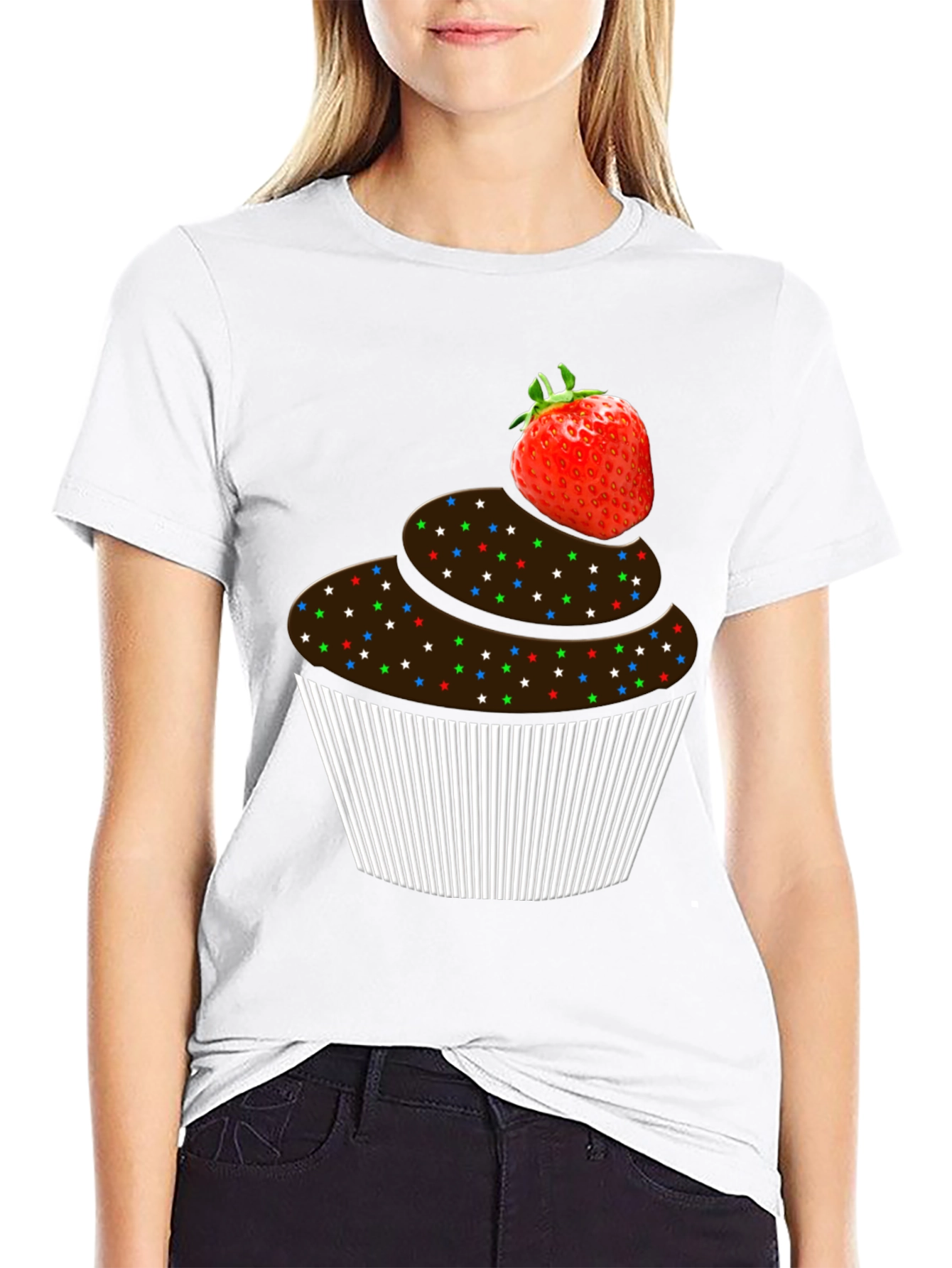 Strawberry Cupcake Graphic Tee - Black Cotton T-Shirt