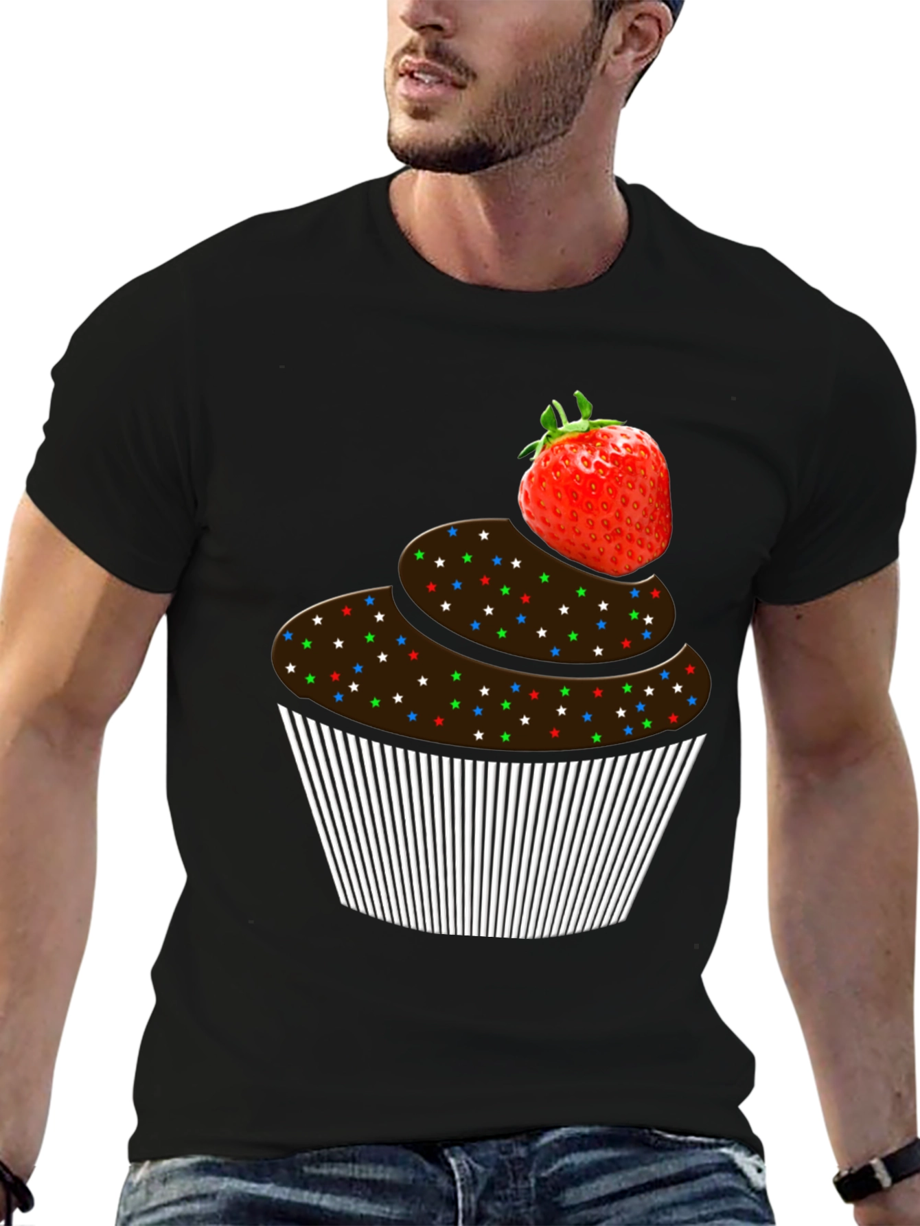 Strawberry Cupcake Graphic Tee - Black Cotton T-Shirt