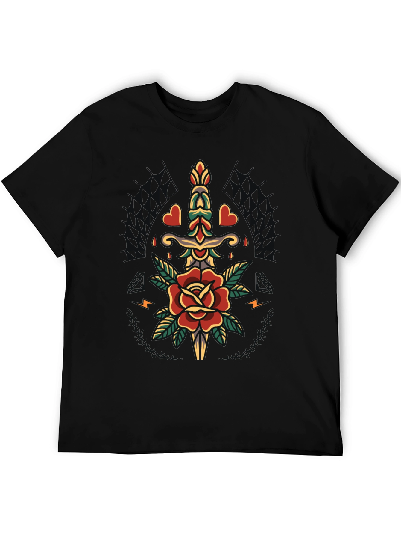 Mens Black T-Shirt with Rose & Dagger Graphic
