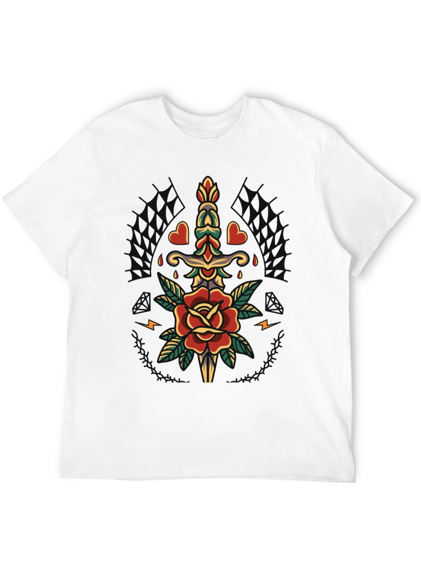 Mens Black T-Shirt with Rose & Dagger Graphic