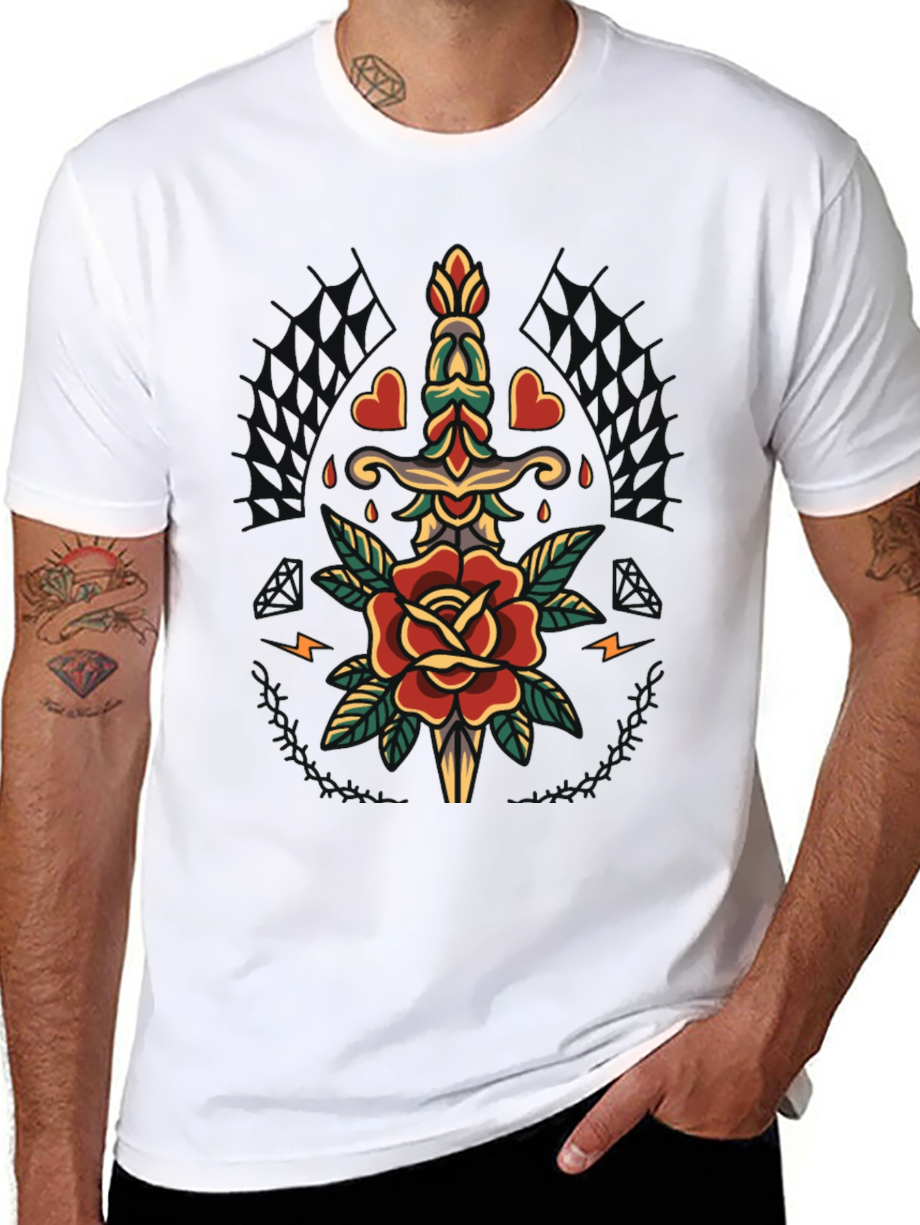 Mens Black T-Shirt with Rose & Dagger Graphic