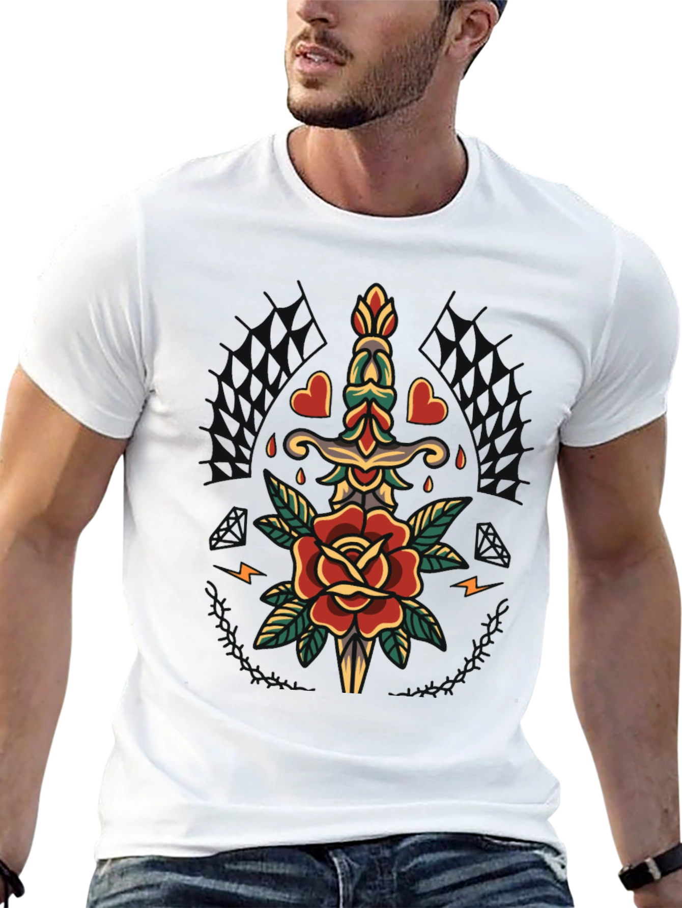 Mens Black T-Shirt with Rose & Dagger Graphic