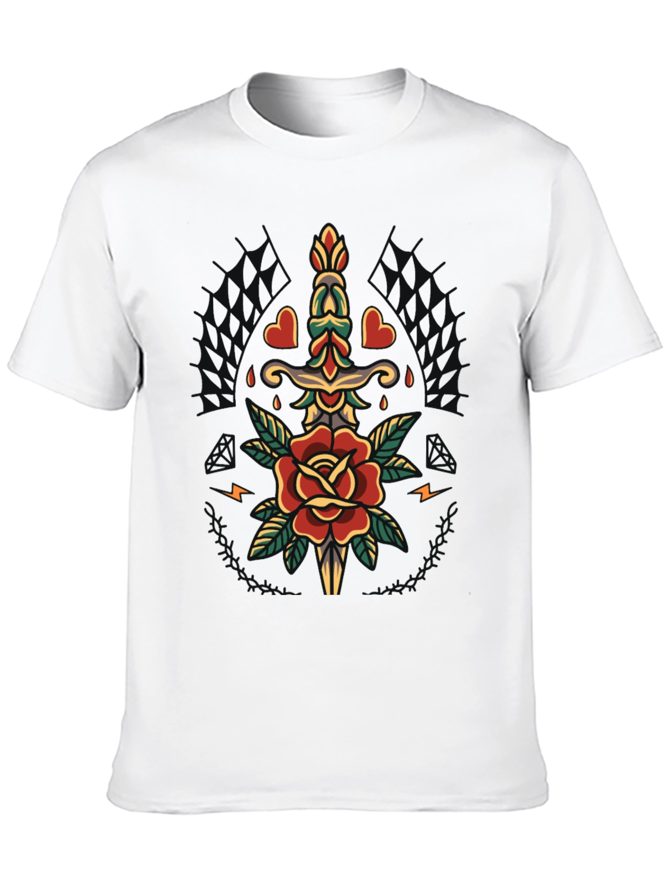 Mens Black T-Shirt with Rose & Dagger Graphic